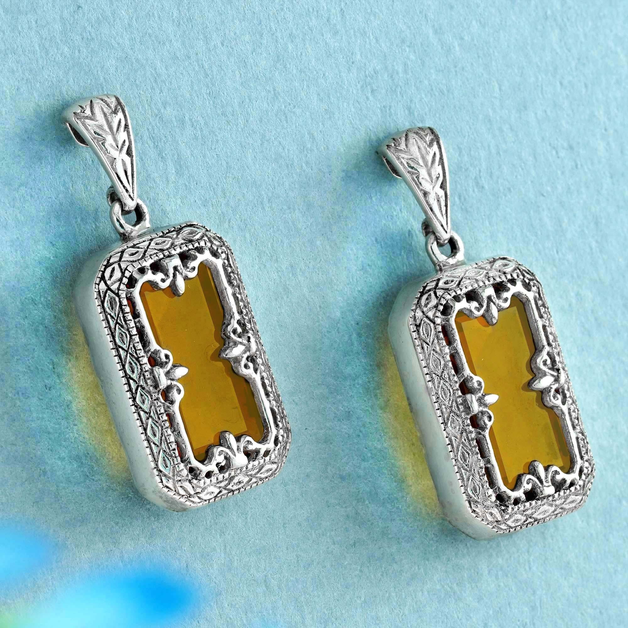 Edwardian Natural Citrine Vintage Style Filigree Box Drop Earrings in 9K White Gold For Sale