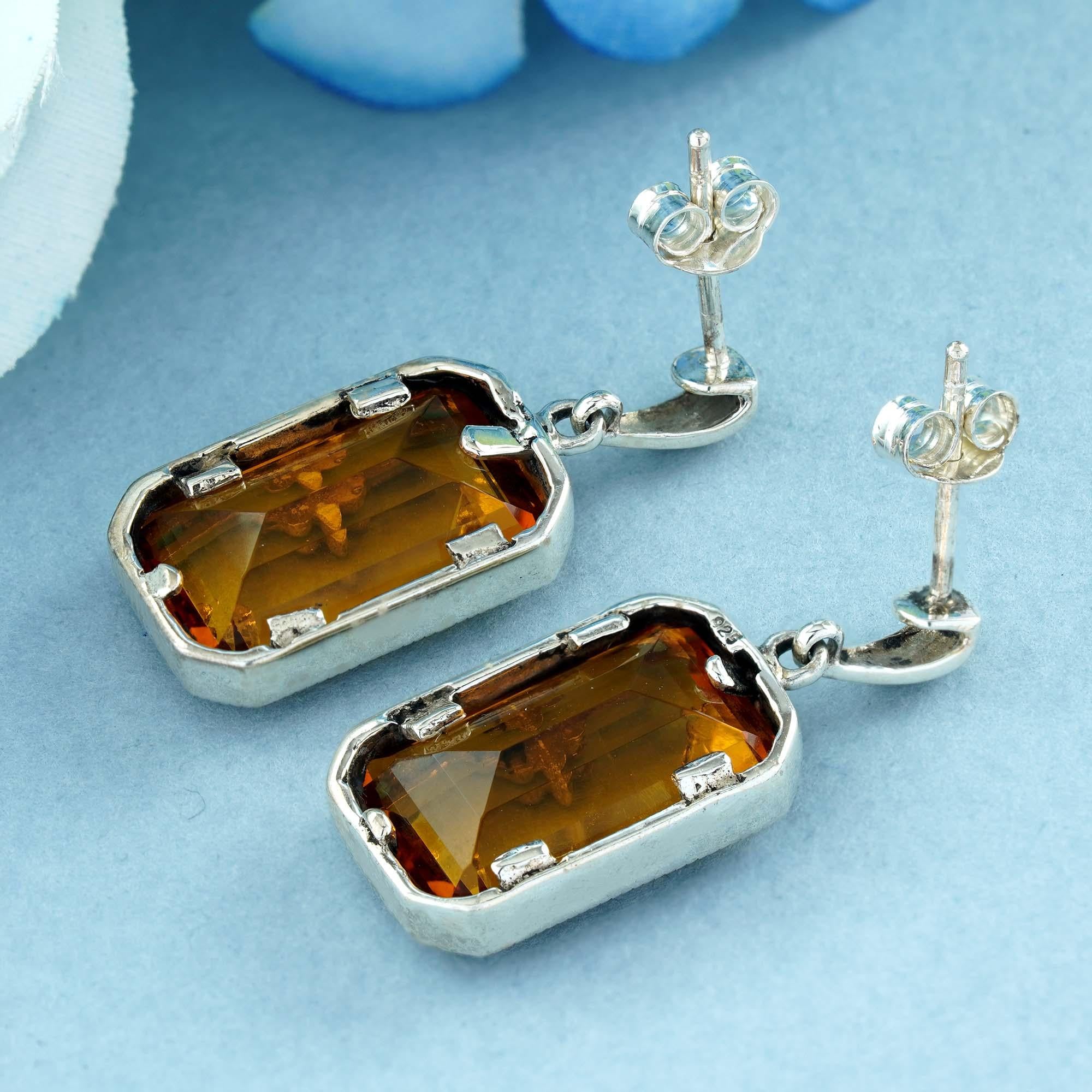 Emerald Cut Natural Citrine Vintage Style Filigree Box Drop Earrings in 9K White Gold For Sale