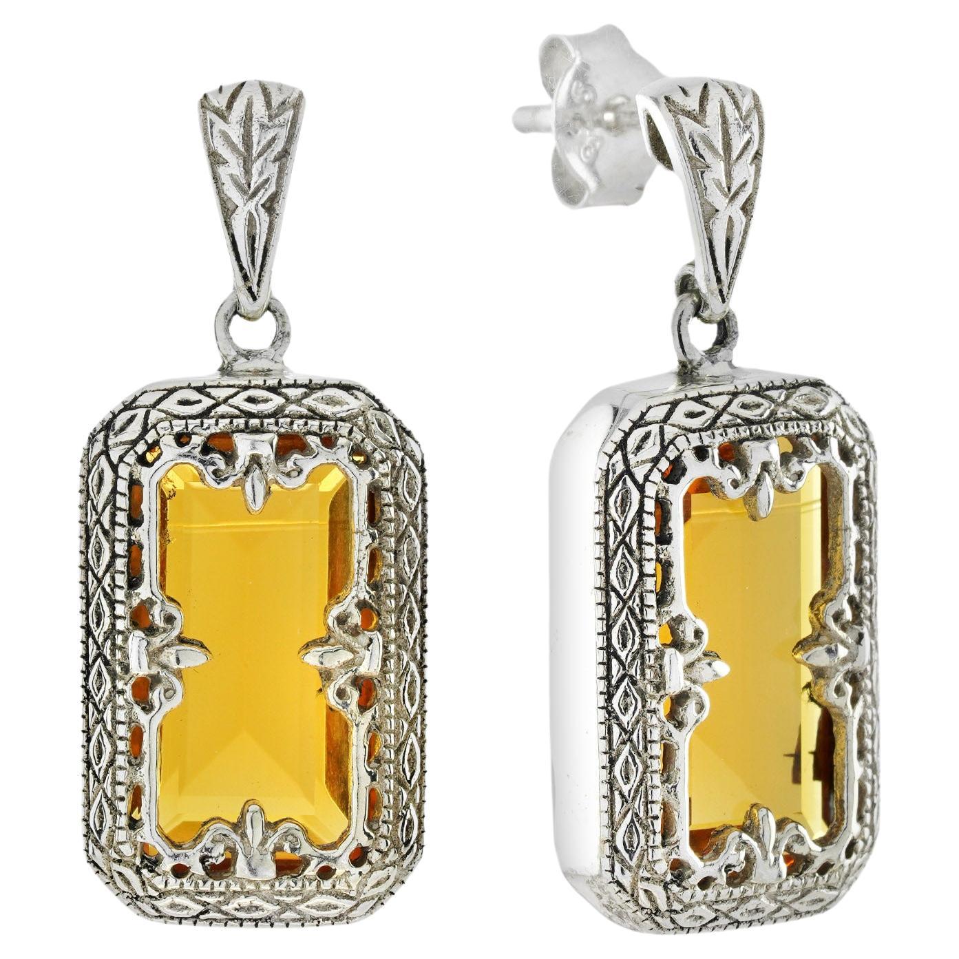 Natural Citrine Vintage Style Filigree Box Drop Earrings in 9K White Gold For Sale