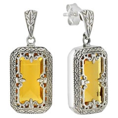 Natural Citrine Vintage Style Filigree Box Drop Earrings in 9K White Gold