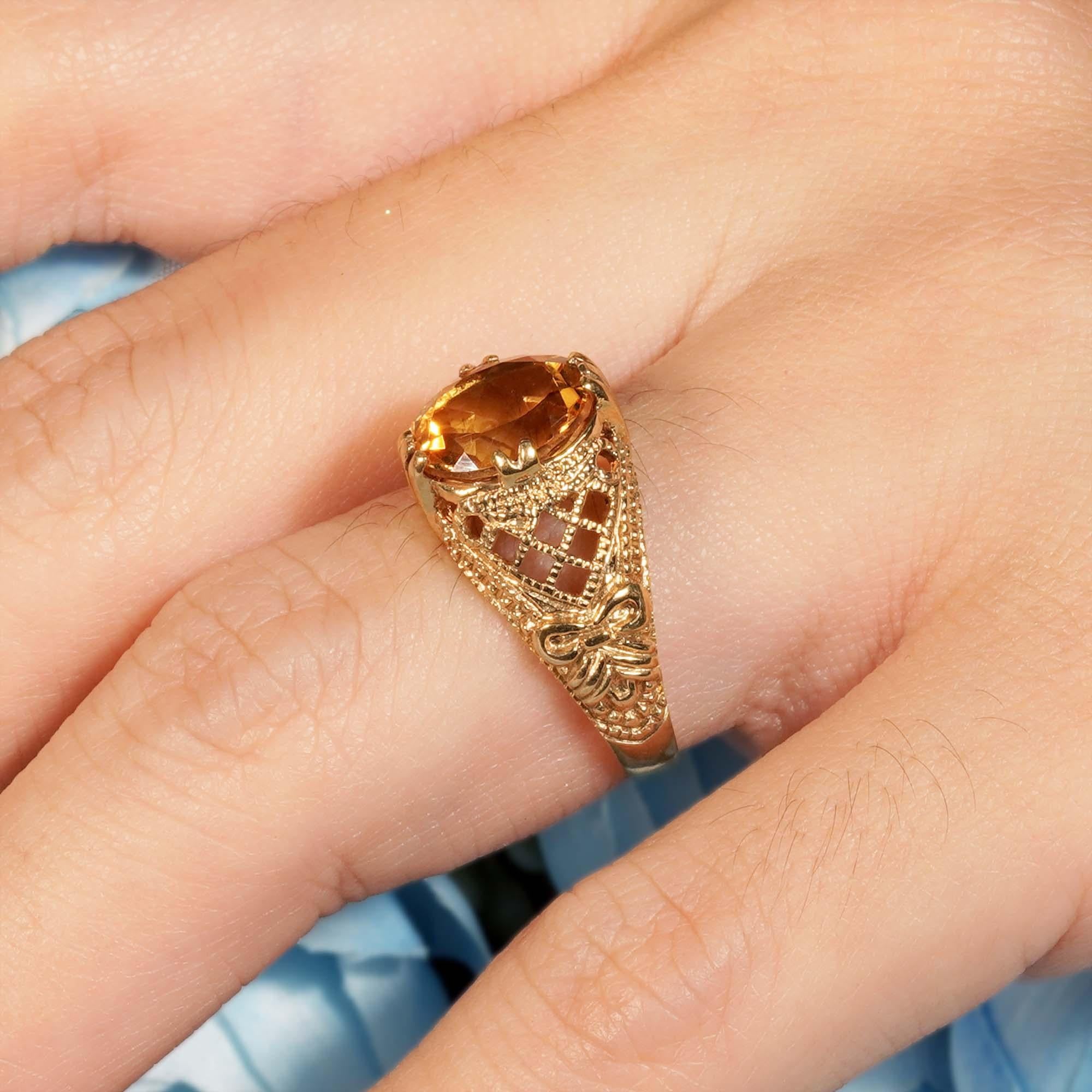 For Sale:  Natural Citrine Vintage Style Filigree Cocktail Ring in 9K Yellow Gold 11