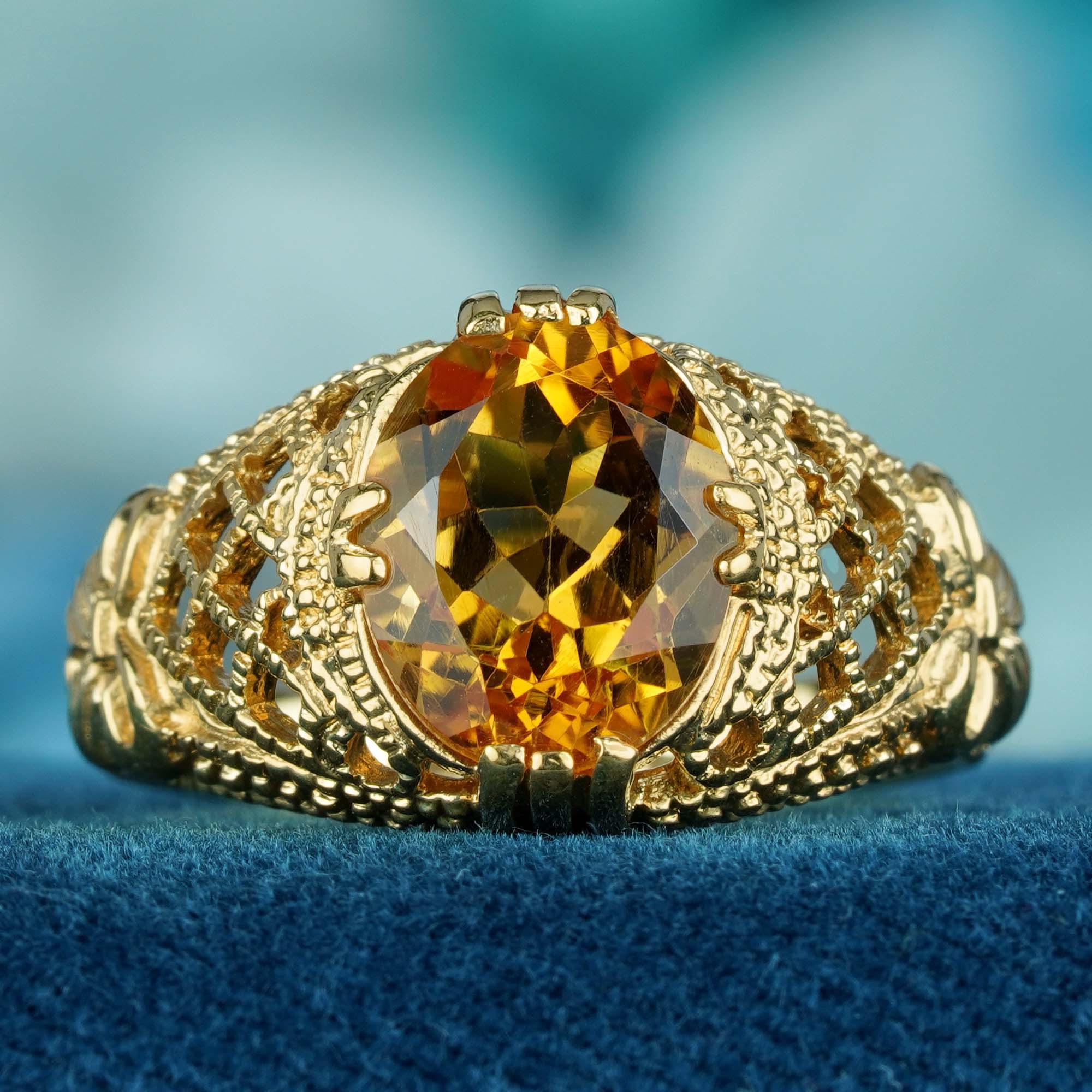 For Sale:  Natural Citrine Vintage Style Filigree Cocktail Ring in 9K Yellow Gold 2