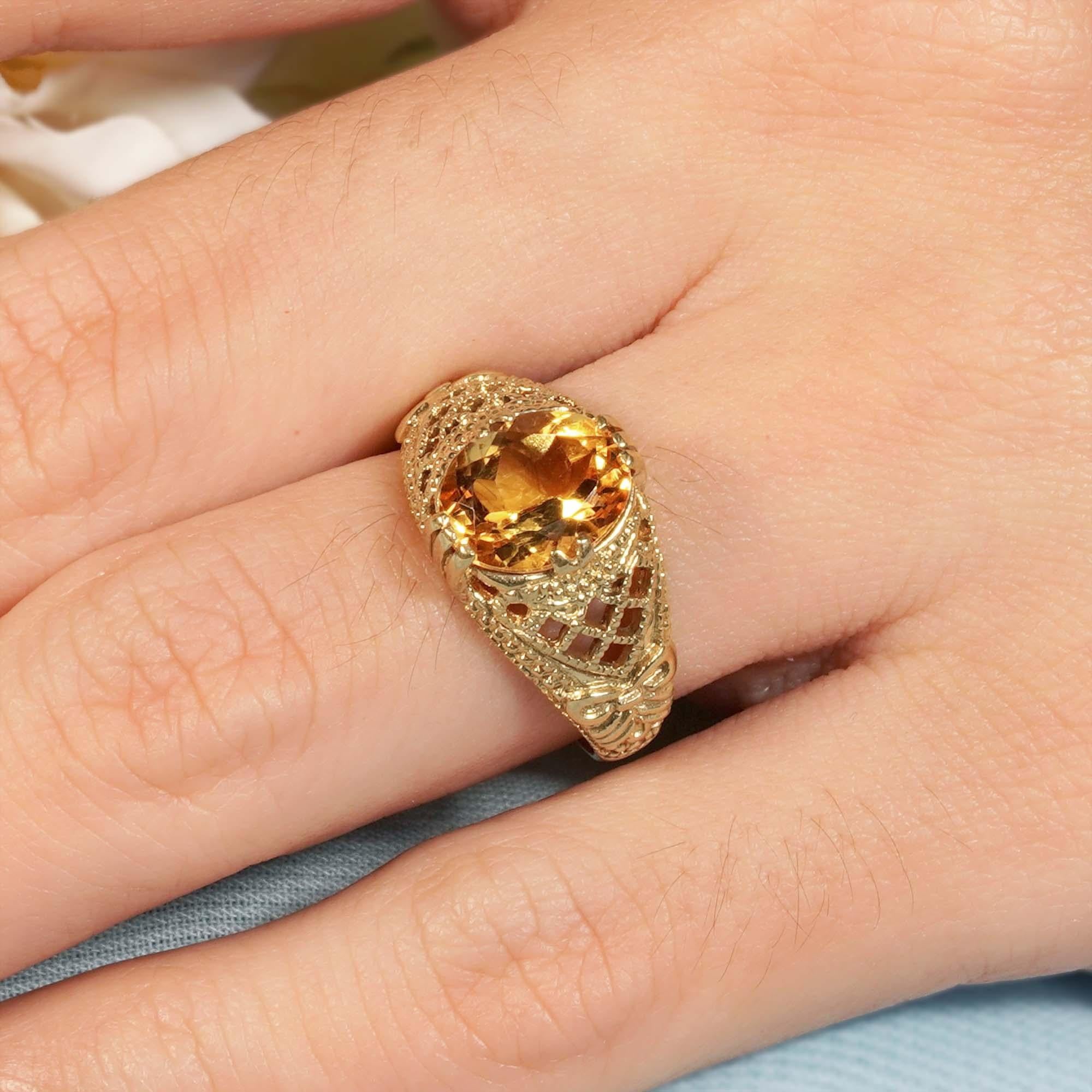 For Sale:  Natural Citrine Vintage Style Filigree Cocktail Ring in 9K Yellow Gold 9
