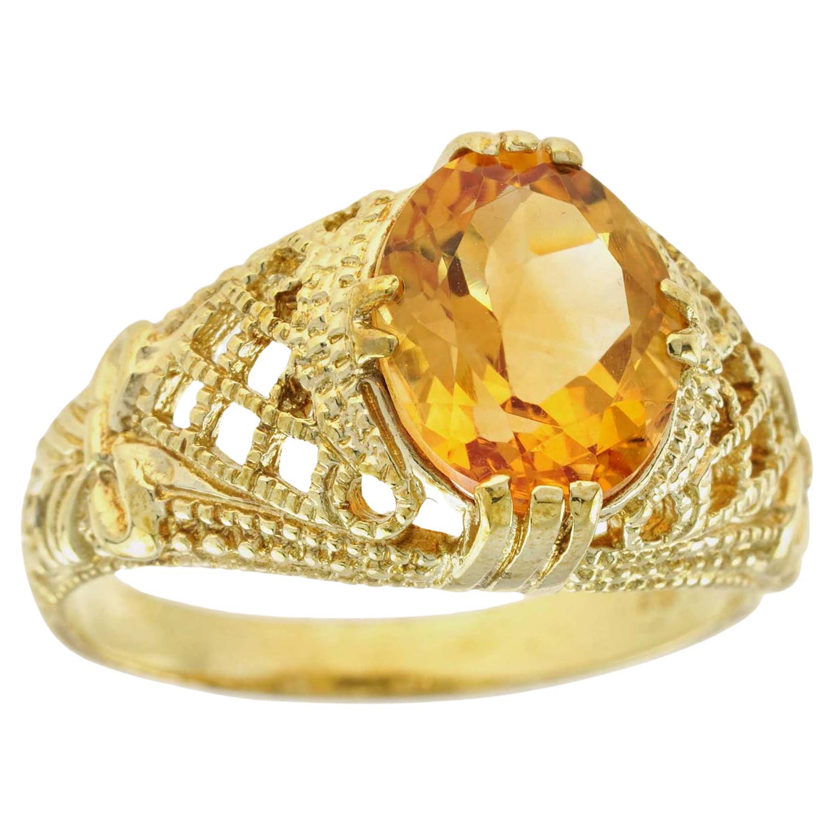 Natural Citrine Vintage Style Filigree Cocktail Ring in 9K Yellow Gold