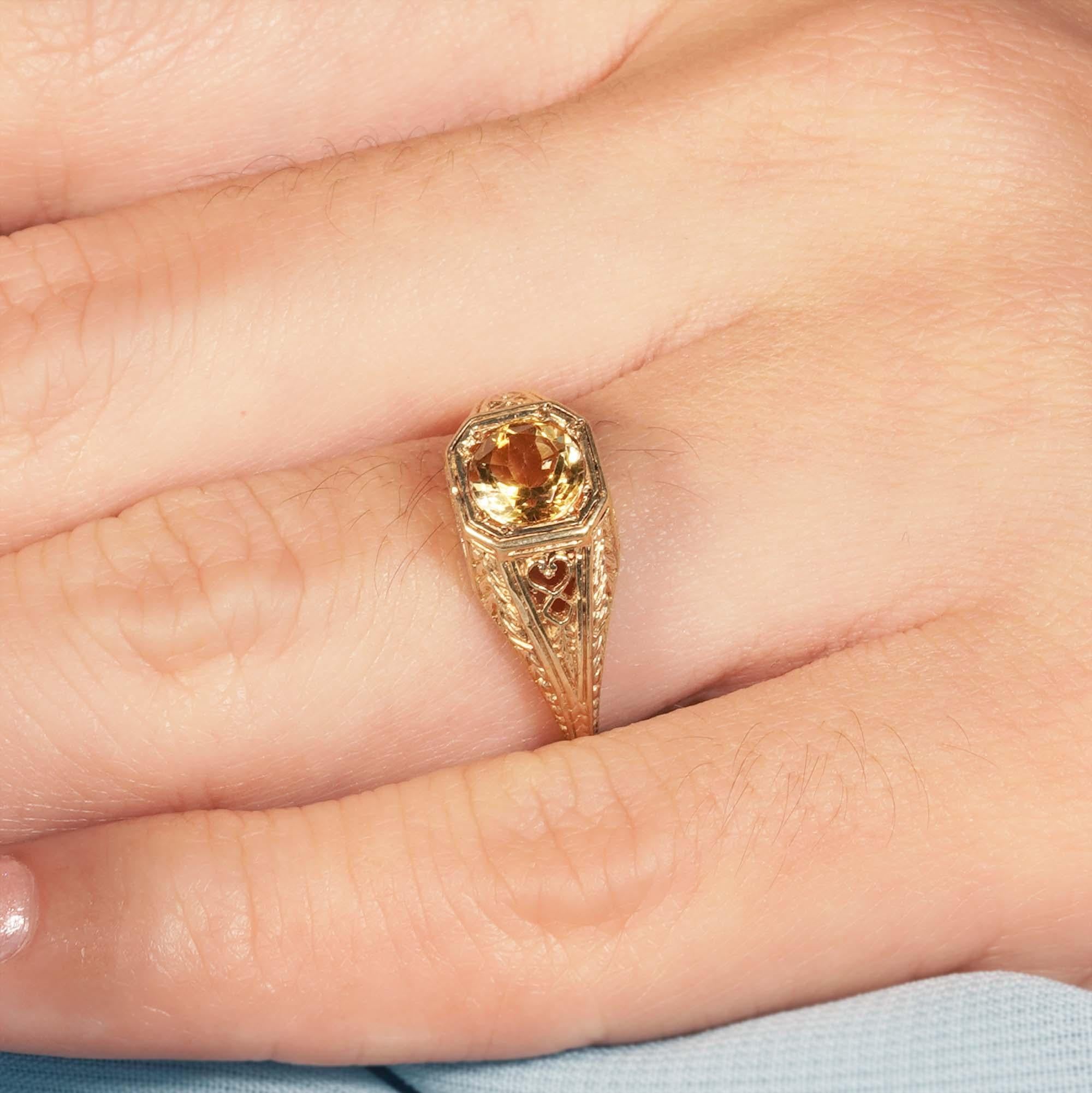 For Sale:  Natural Citrine Vintage Style Filigree Ring in Solid 9K Yellow Gold 11