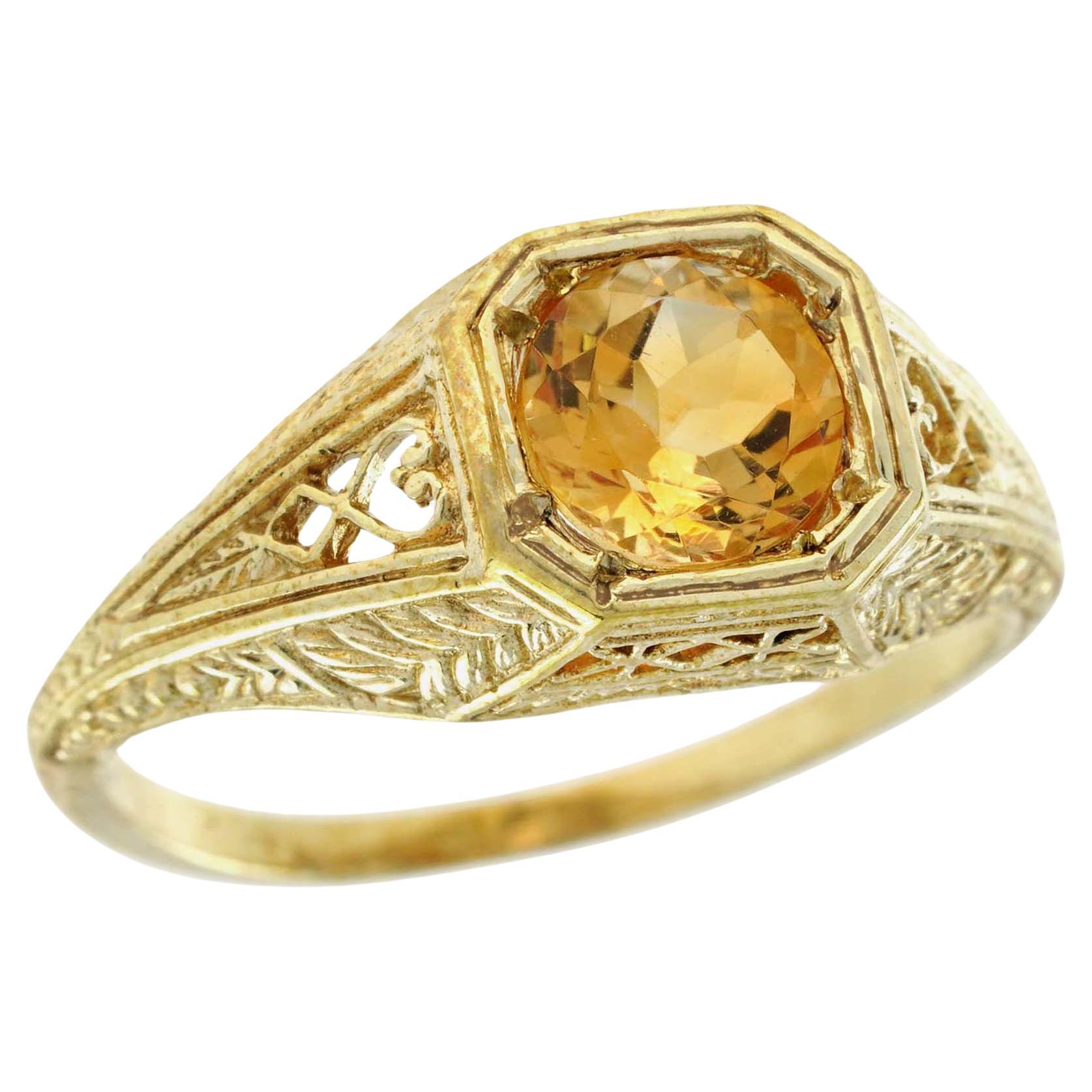 For Sale:  Natural Citrine Vintage Style Filigree Ring in Solid 9K Yellow Gold