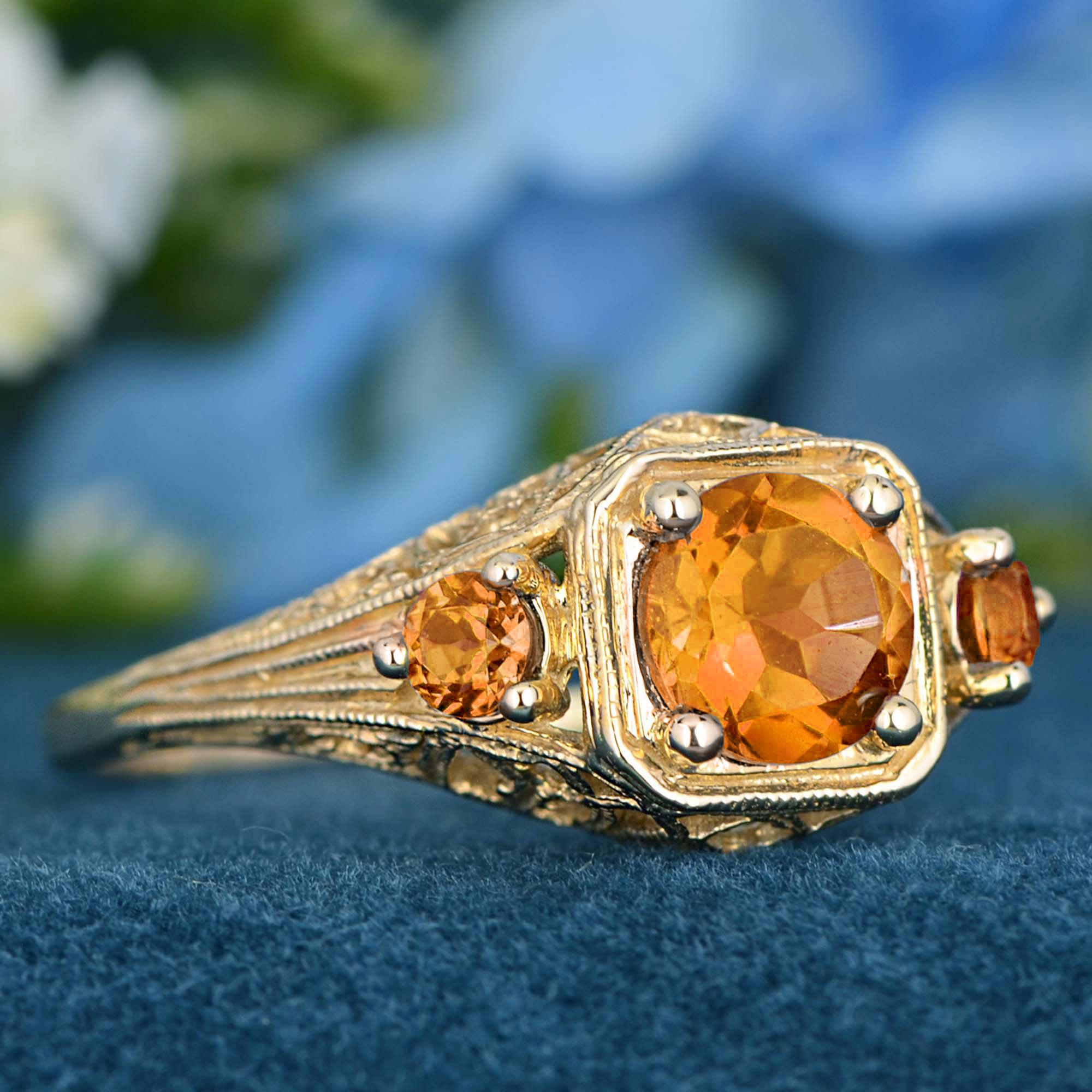 Art Deco Natural Citrine Vintage Style Filigree Three Stone Ring in Solid 9K Yellow Gold For Sale