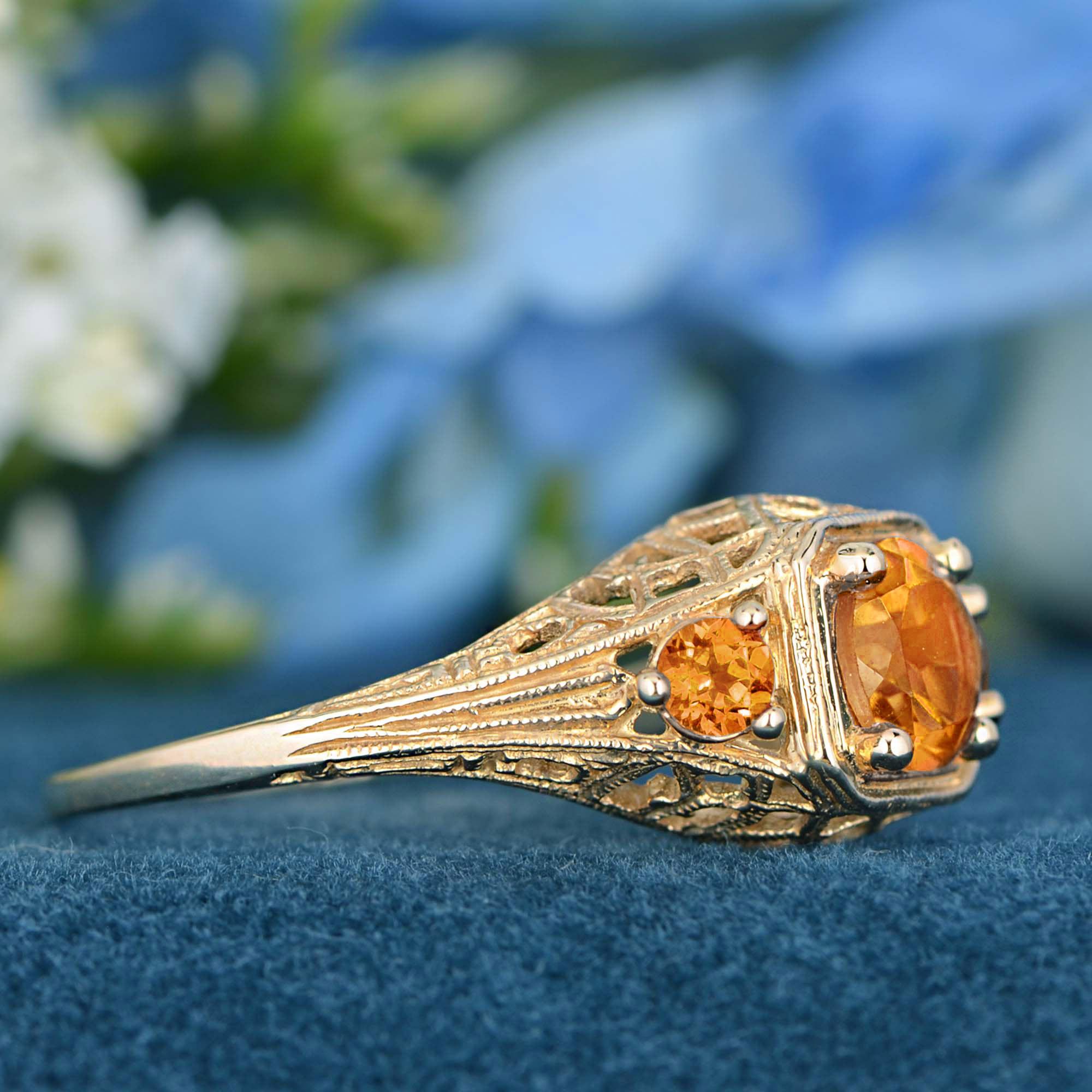Round Cut Natural Citrine Vintage Style Filigree Three Stone Ring in Solid 9K Yellow Gold For Sale