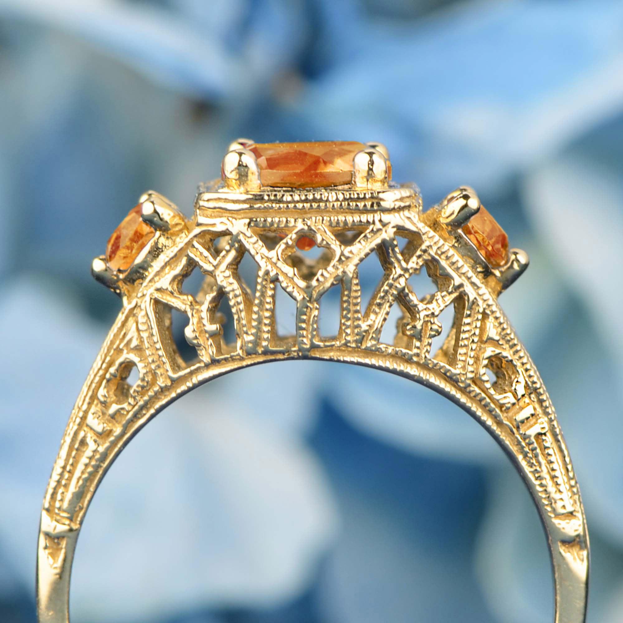 Natural Citrine Vintage Style Filigree Three Stone Ring in Solid 9K Yellow Gold In New Condition For Sale In Bangkok, TH