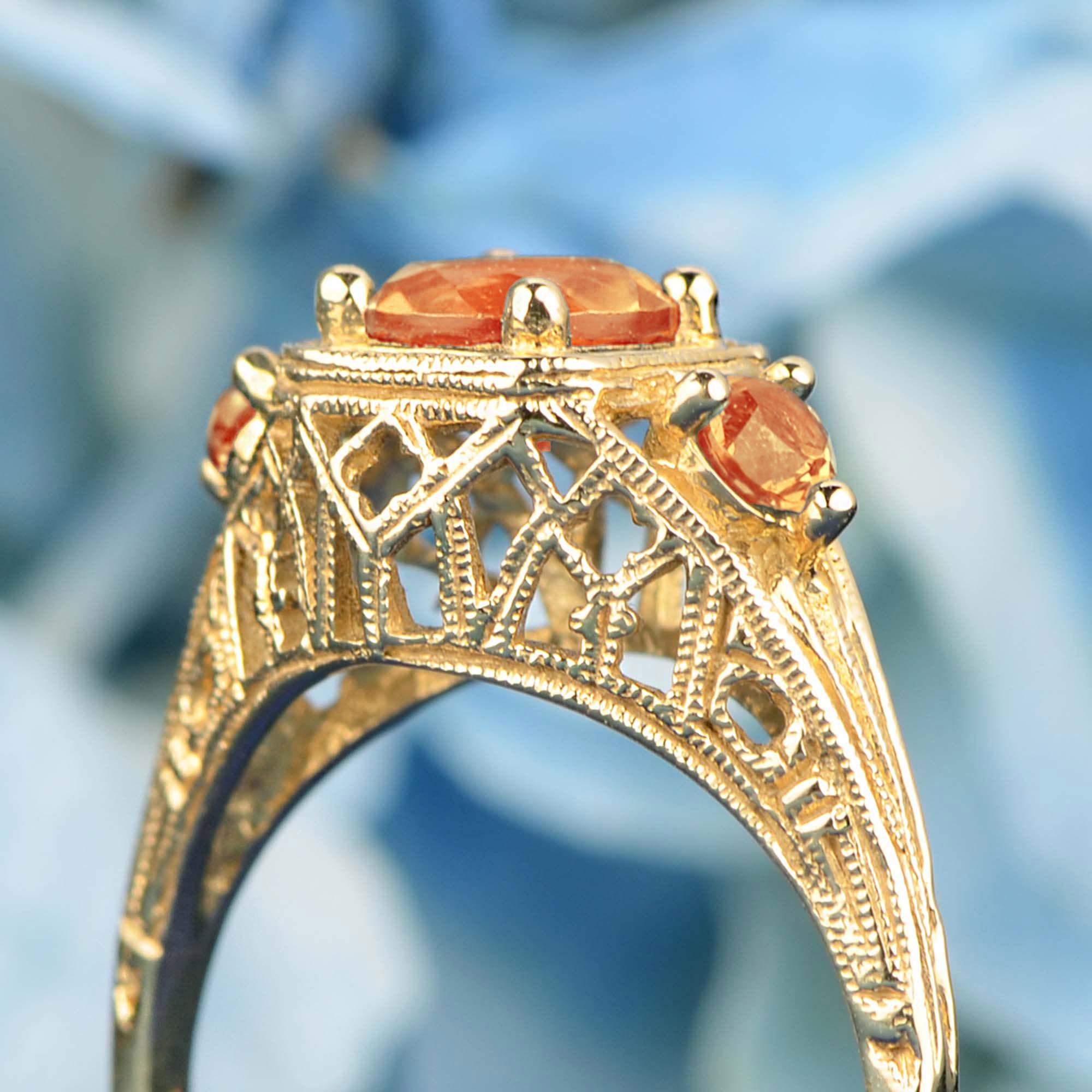 Women's or Men's Natural Citrine Vintage Style Filigree Three Stone Ring in Solid 9K Yellow Gold For Sale