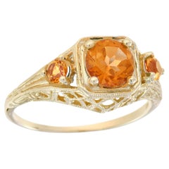 Anello a tre pietre in filigrana in oro giallo massiccio 9K con citrino naturale in stile vintage