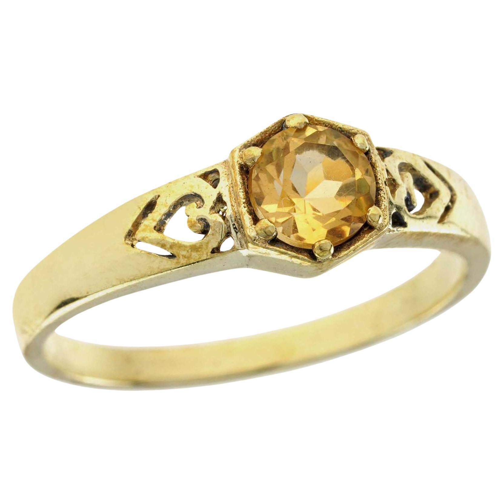 Bague solitaire vintage en or jaune massif 9 carats avec citrine naturelle en forme de cœur