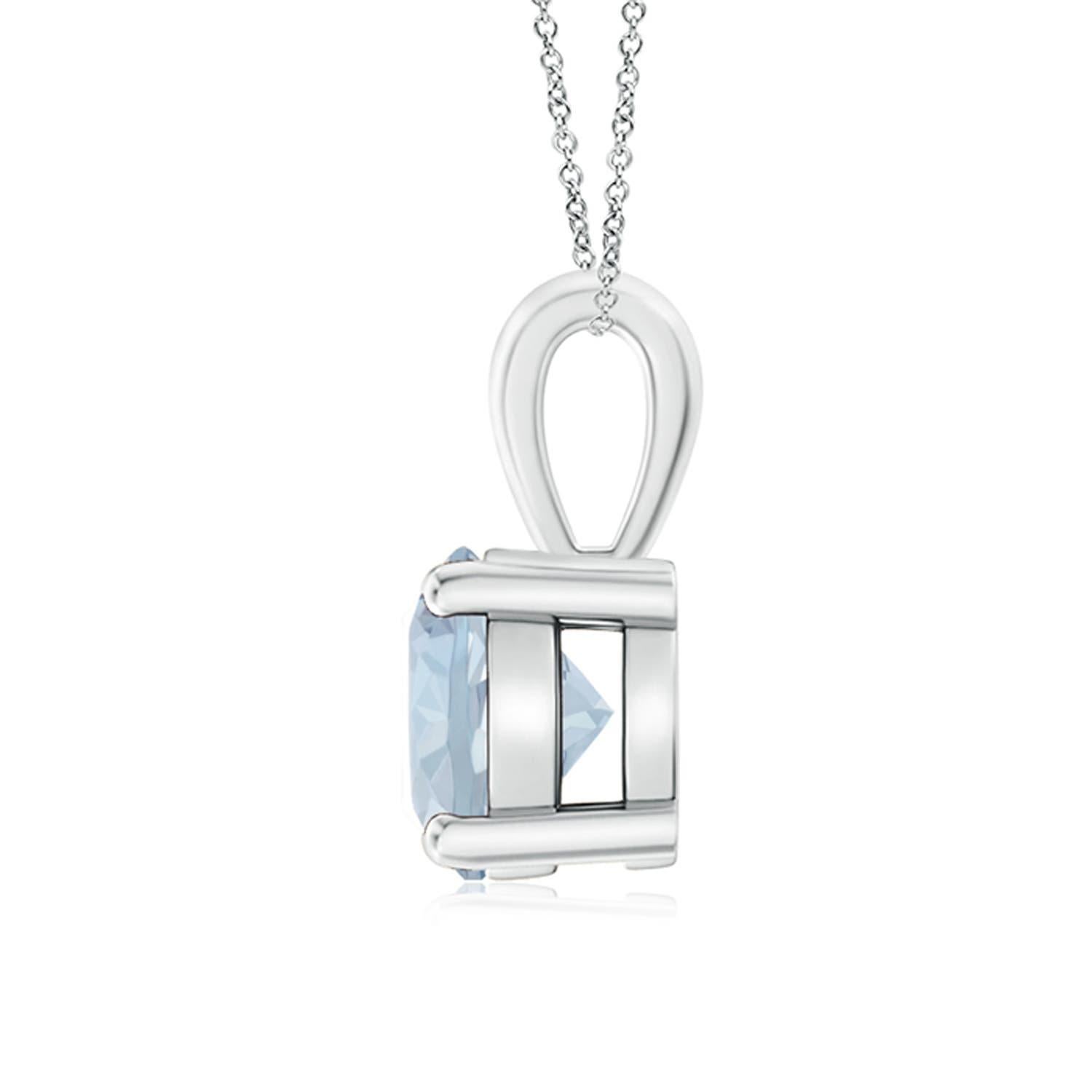 Linked to a lustrous bale is a sea blue aquamarine solitaire secured in a four prong setting. Crafted in platinum, the elegant design of this classic aquamarine pendant draws all attention towards the magnificence of the center stone. Available in