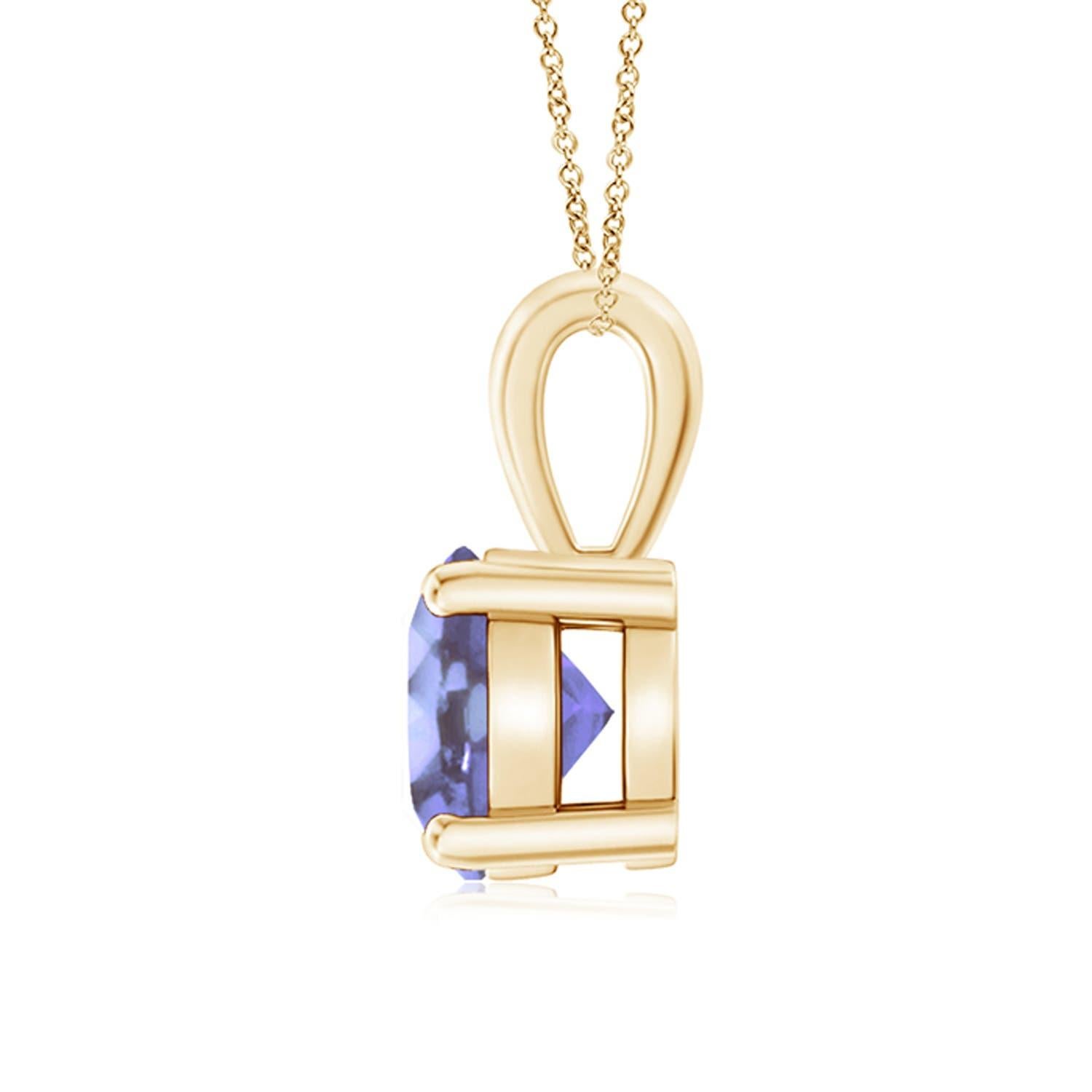 Linked to a lustrous bale is a violet-blue tanzanite solitaire secured in a four prong setting. Crafted in 14k yellow gold, the elegant design of this classic tanzanite pendant draws all attention towards the magnificence of the center stone.