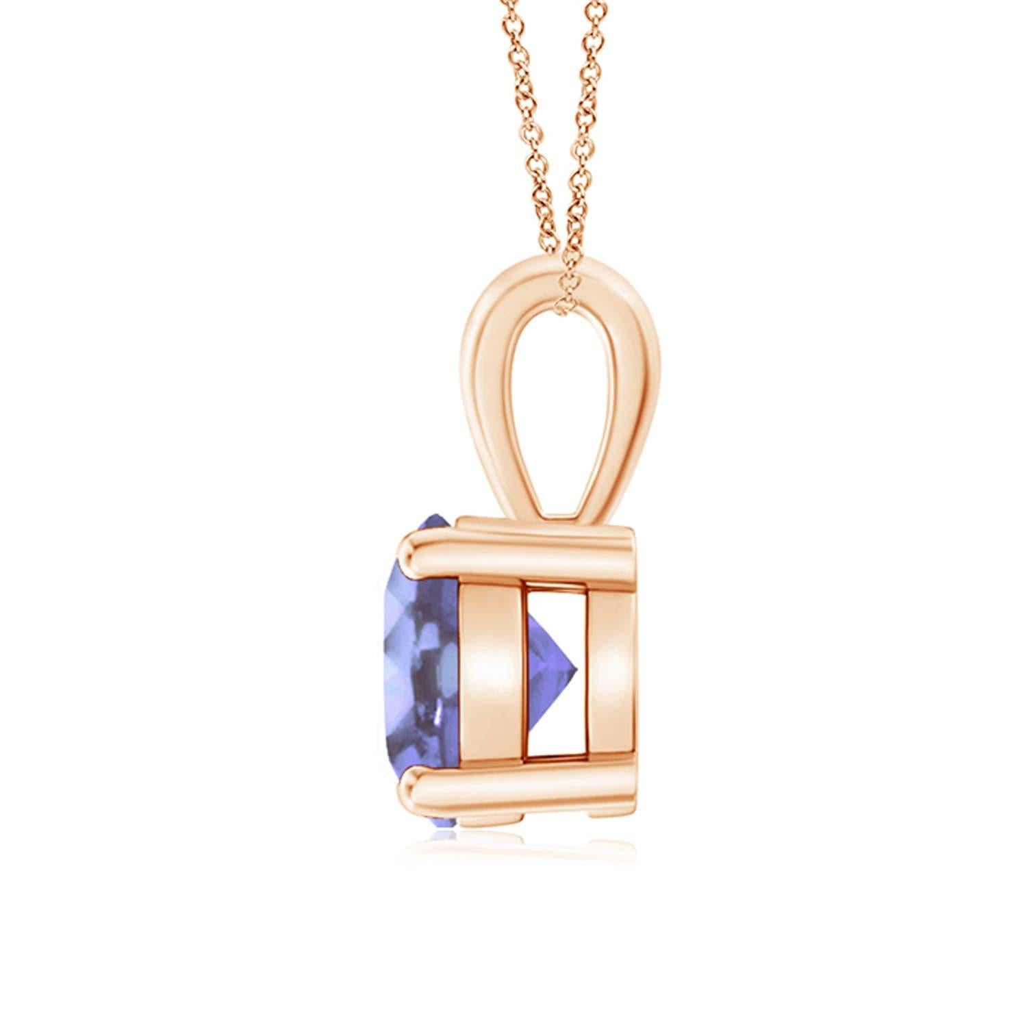 Linked to a lustrous bale is a violet-blue tanzanite solitaire secured in a four prong setting. Crafted in 18k rose gold, the elegant design of this classic tanzanite pendant draws all attention towards the magnificence of the center stone.