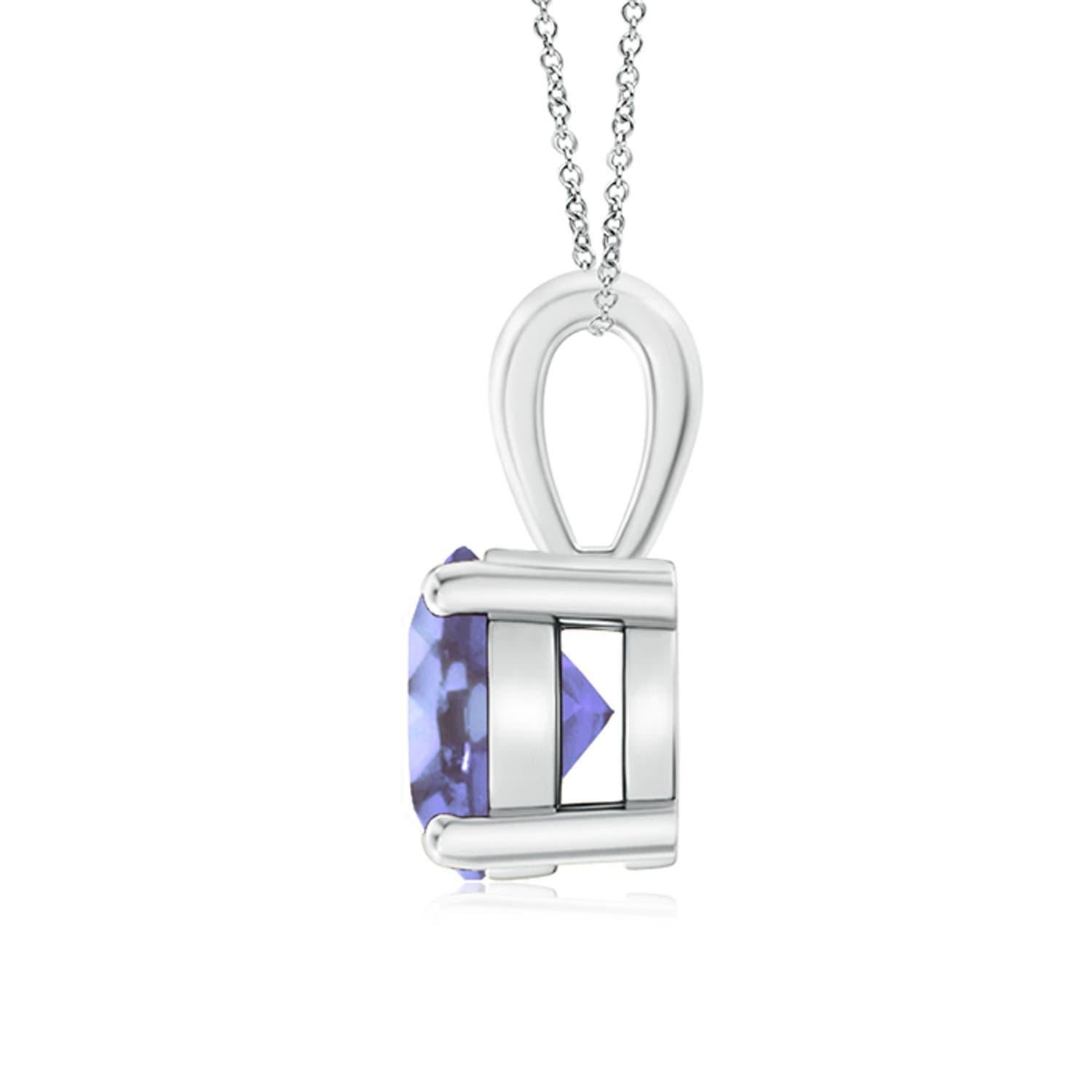 Linked to a lustrous bale is a violet-blue tanzanite solitaire secured in a four prong setting. Crafted in silver, the elegant design of this classic tanzanite pendant draws all attention towards the magnificence of the center stone. Available in
