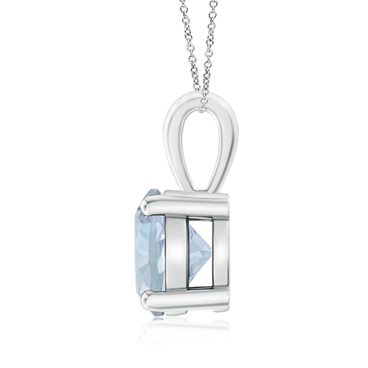 Linked to a lustrous bale is a sea blue aquamarine solitaire secured in a four prong setting. Crafted in 14k white gold, the elegant design of this classic aquamarine pendant draws all attention towards the magnificence of the center stone.