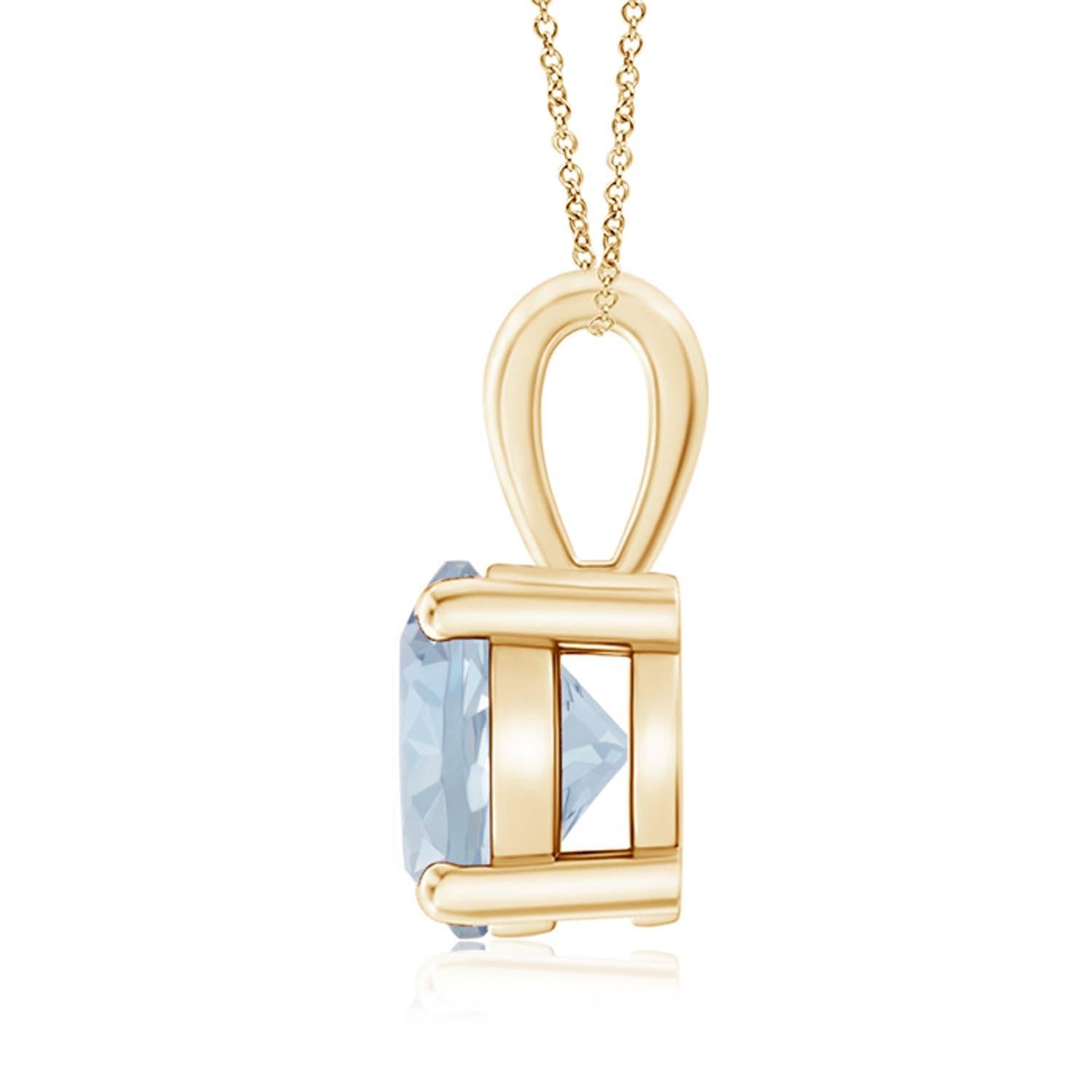 Linked to a lustrous bale is a sea blue aquamarine solitaire secured in a four prong setting. Crafted in 14k yellow gold, the elegant design of this classic aquamarine pendant draws all attention towards the magnificence of the center stone.