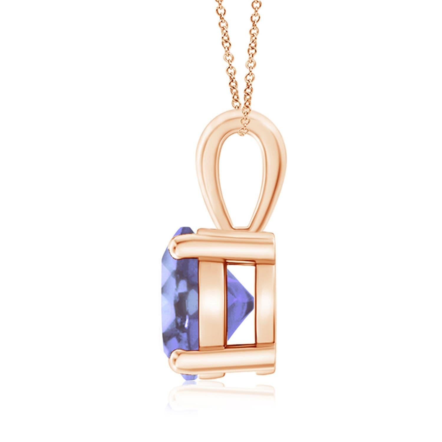 Linked to a lustrous bale is a violet-blue tanzanite solitaire secured in a four prong setting. Crafted in 18k rose gold, the elegant design of this classic tanzanite pendant draws all attention towards the magnificence of the center stone.