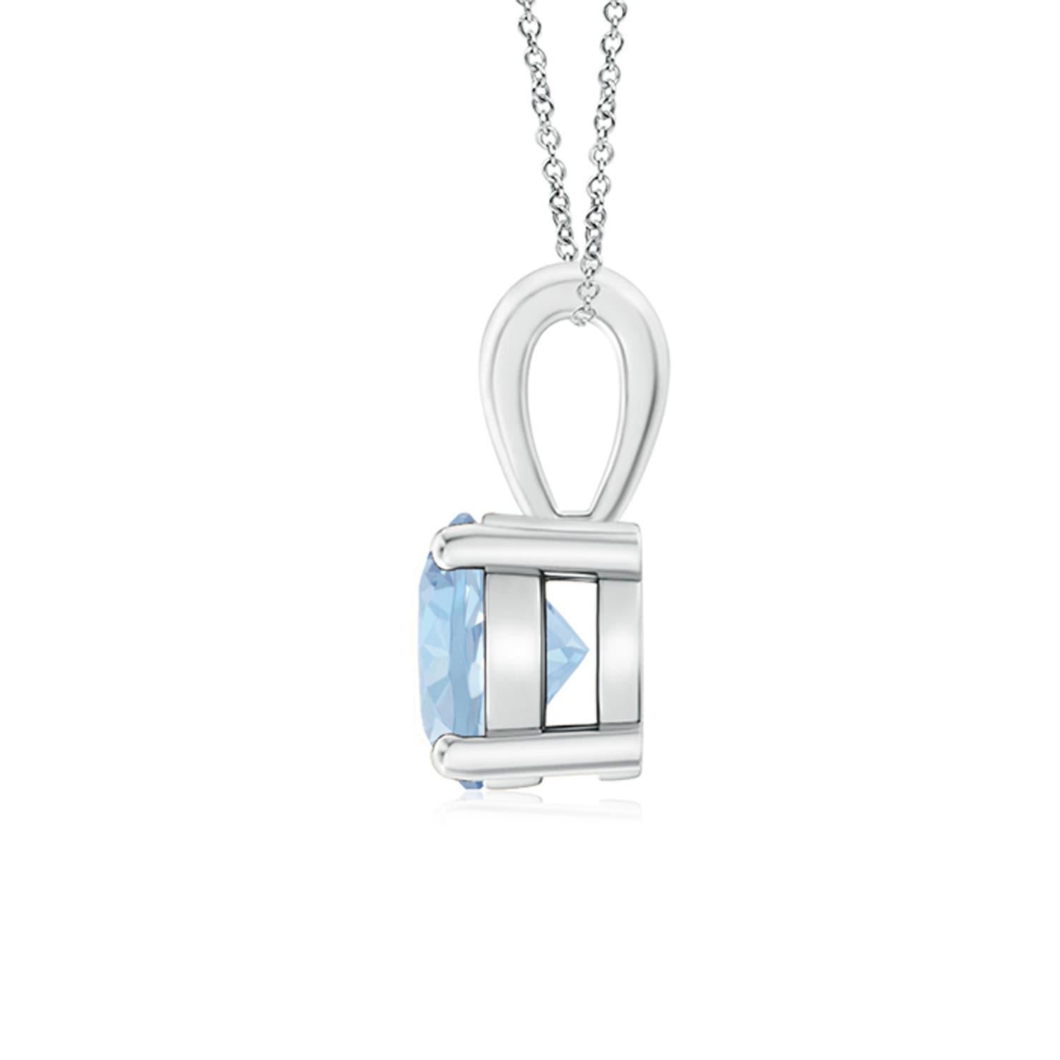 Linked to a lustrous bale is a sea blue aquamarine solitaire secured in a four prong setting. Crafted in 14k white gold, the elegant design of this classic aquamarine pendant draws all attention towards the magnificence of the center stone.