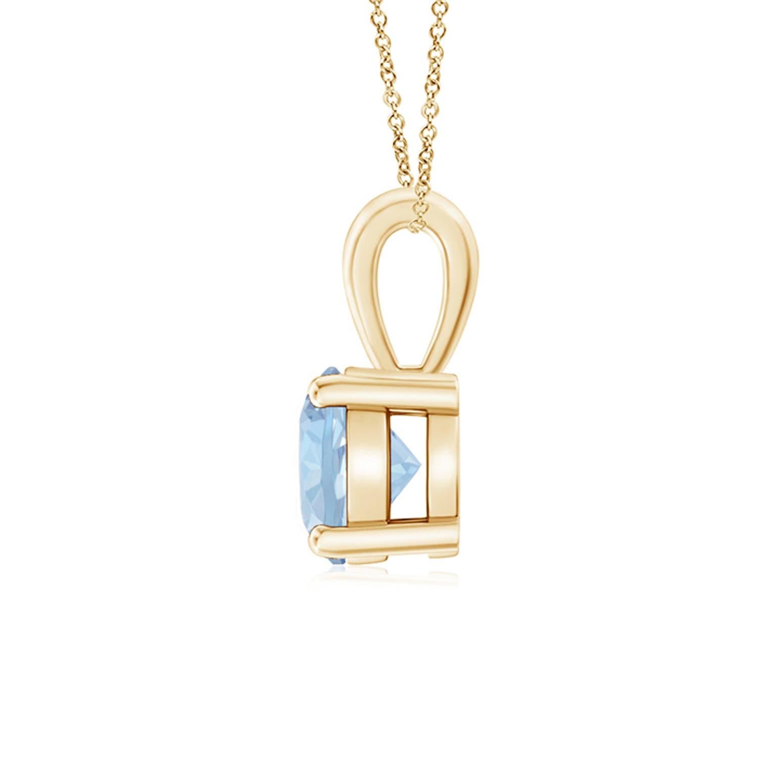 Linked to a lustrous bale is a sea blue aquamarine solitaire secured in a four prong setting. Crafted in 14k yellow gold, the elegant design of this classic aquamarine pendant draws all attention towards the magnificence of the center stone.