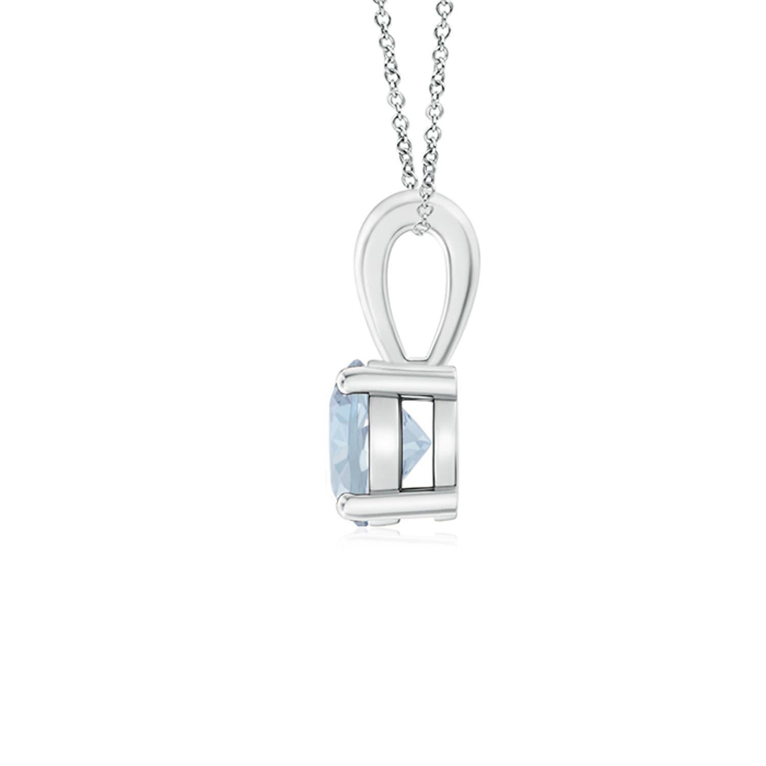 Linked to a lustrous bale is a sea blue aquamarine solitaire secured in a four prong setting. Crafted in platinum, the elegant design of this classic aquamarine pendant draws all attention towards the magnificence of the center stone. Available in