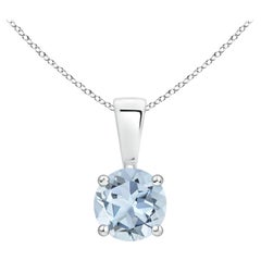 Pendentif solitaire en aigue-marine ronde classique naturelle en platine