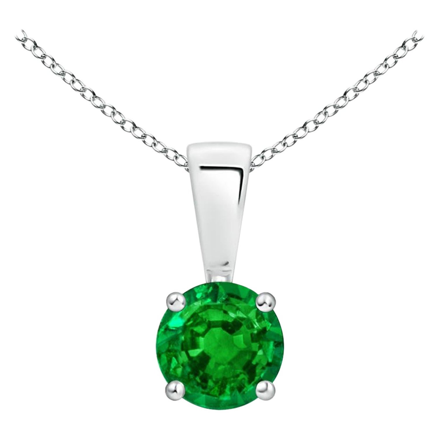 Natural Classic Round Emerald Solitaire Pendant in Platinum (Size-4mm)
