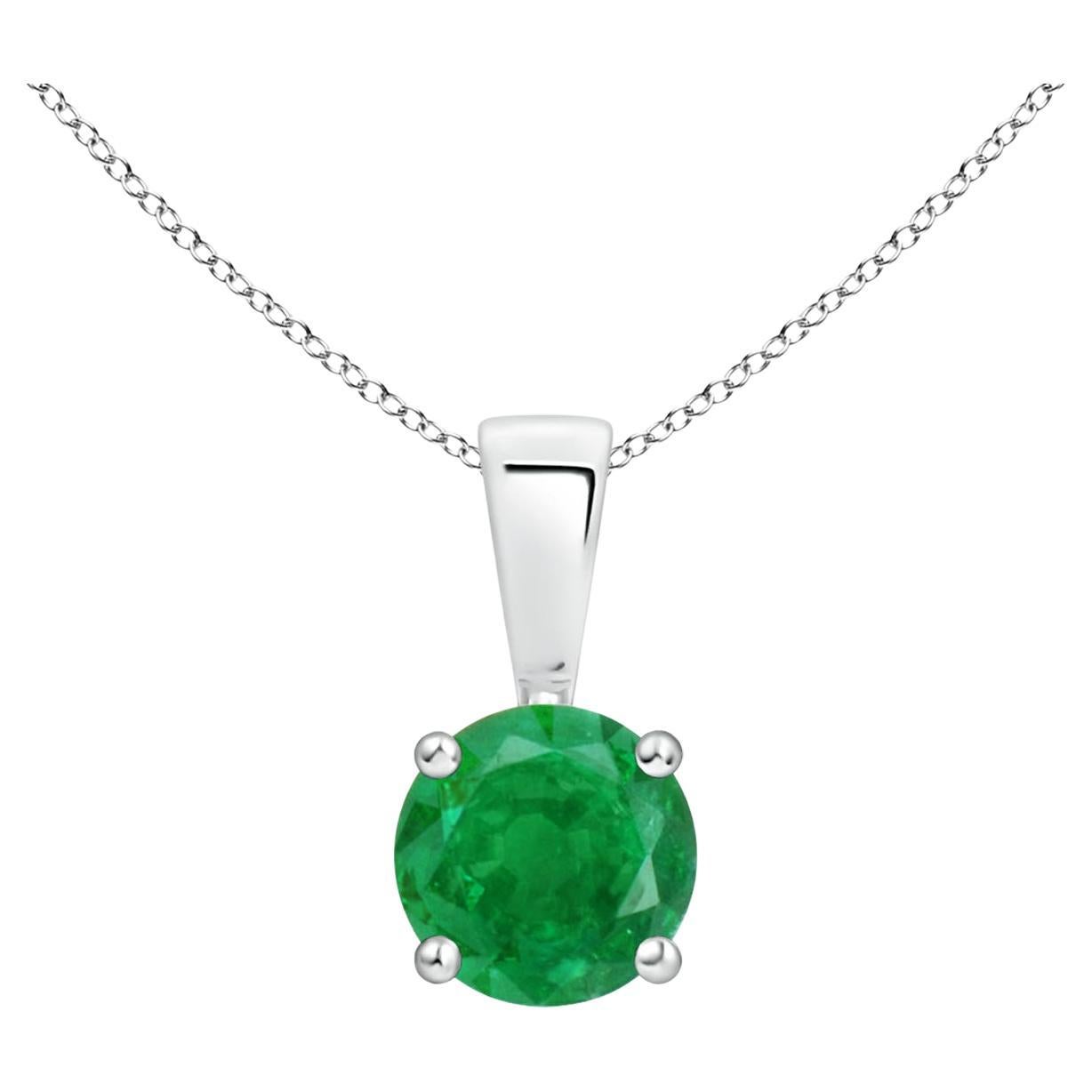 Natural Classic Round Emerald Solitaire Pendant in Platinum (Size-5mm) For Sale