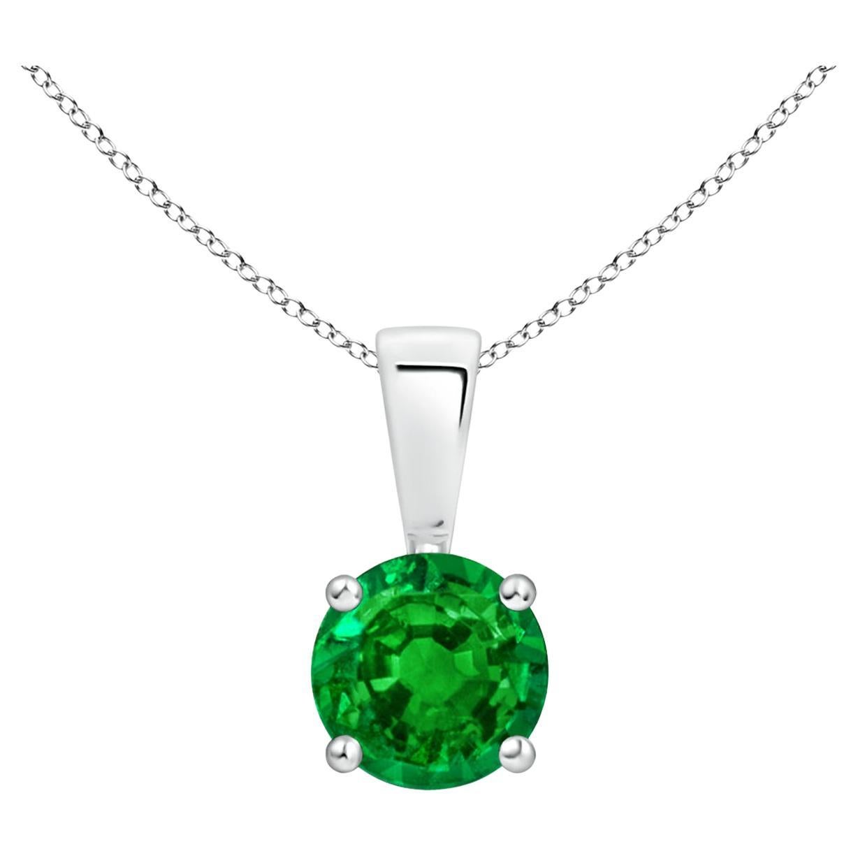 Natural Classic Round Emerald Solitaire Pendant in Platinum (Size-5mm) For Sale
