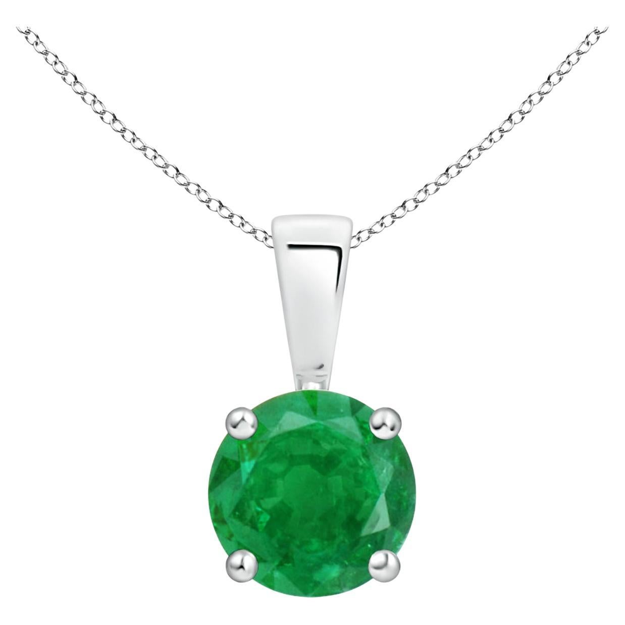 Natural Classic Round Emerald Solitaire Pendant in Platinum (Size-6mm) For Sale