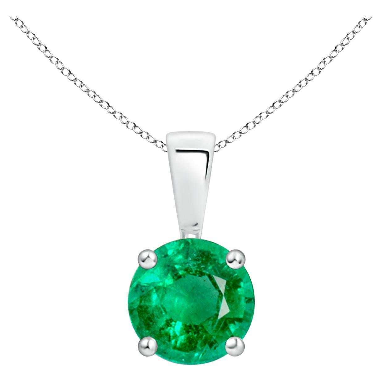 Natural Classic Round Emerald Solitaire Pendant in Platinum (Size-6mm) For Sale