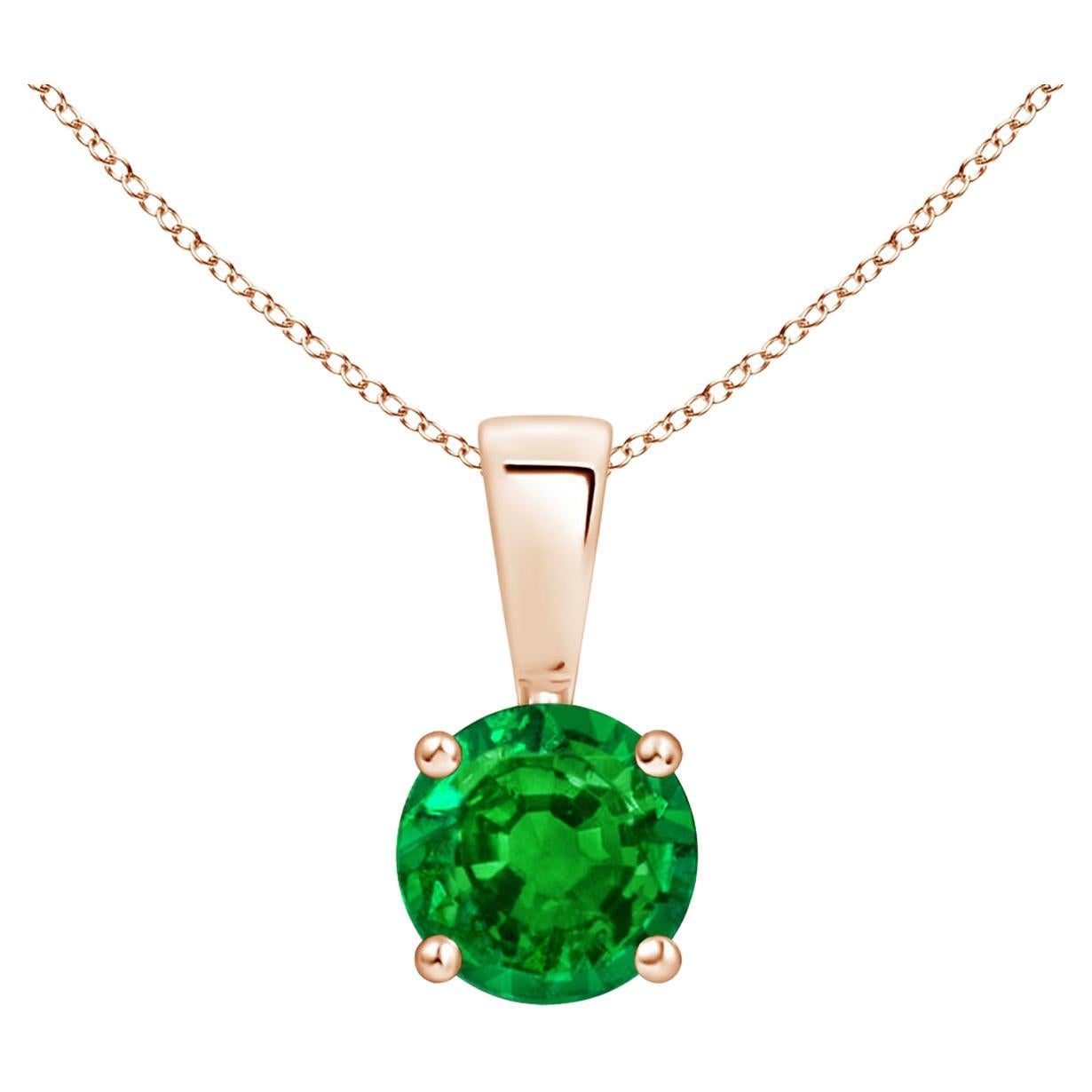 Natural Classic Round Emerald Solitaire Pendant in Rose Gold (Size-5mm) For Sale