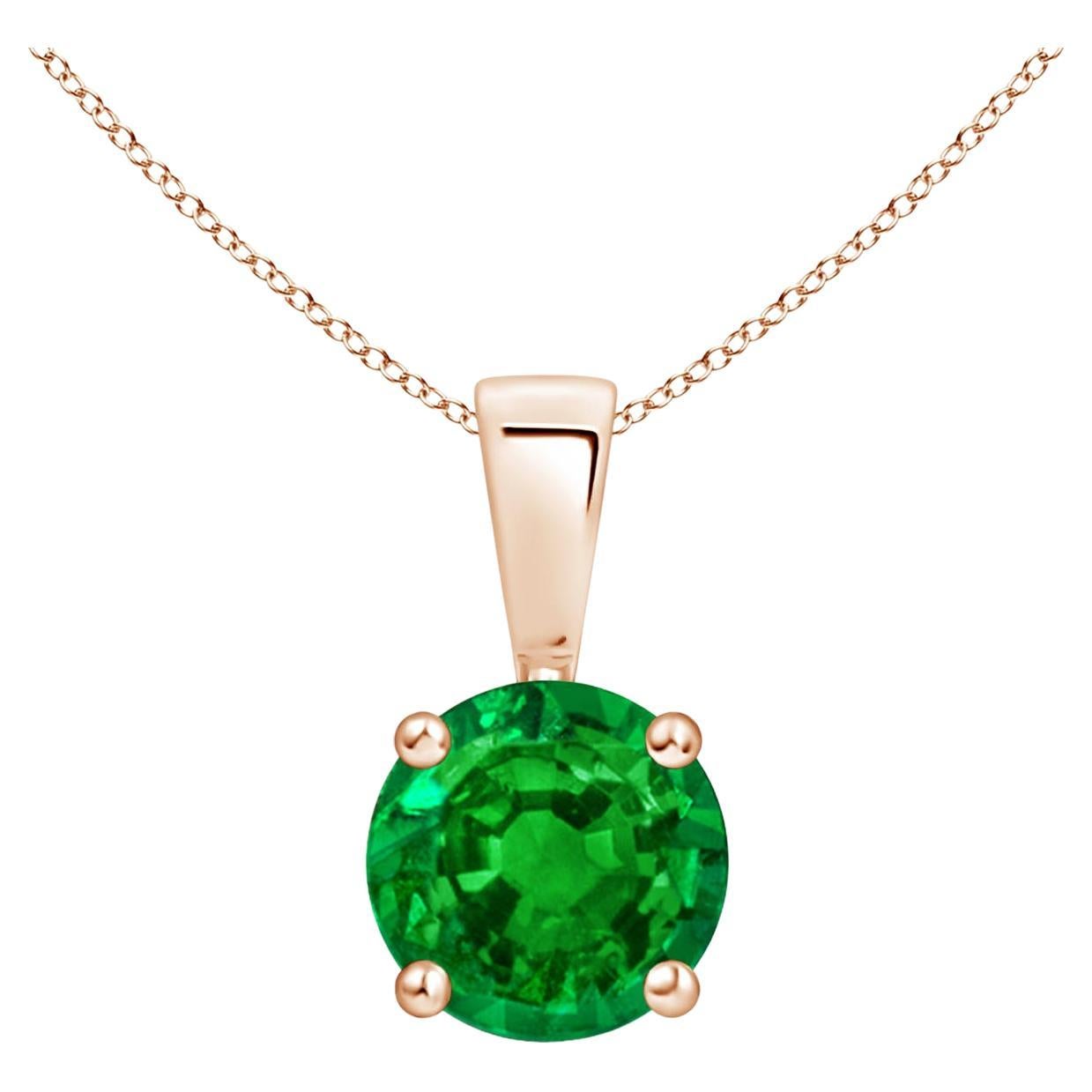 Natural Classic Round Emerald Solitaire Pendant in Rose Gold (Size-6mm) For Sale