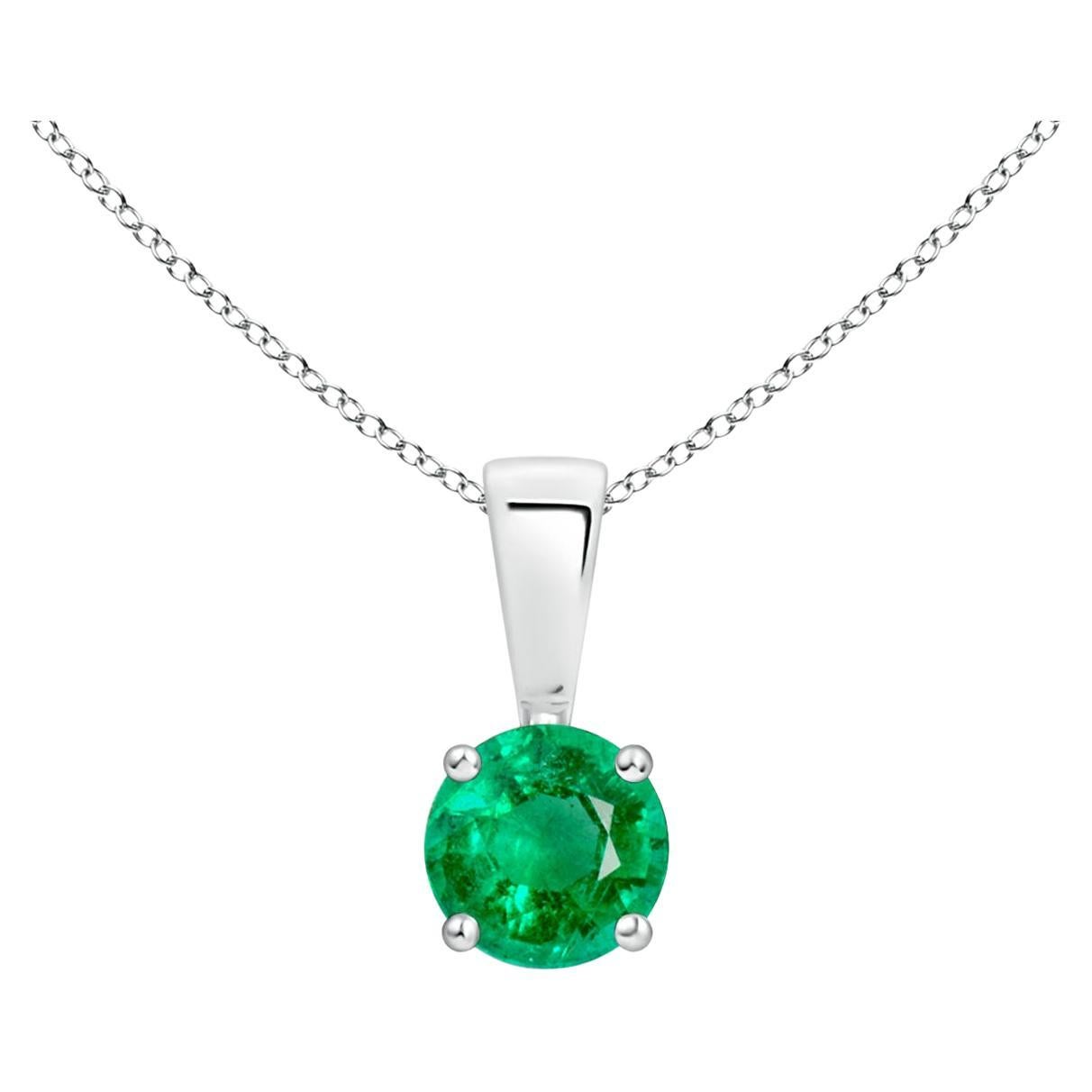 Natural Classic Round Emerald Solitaire Pendant in White Gold (Size-4mm) For Sale