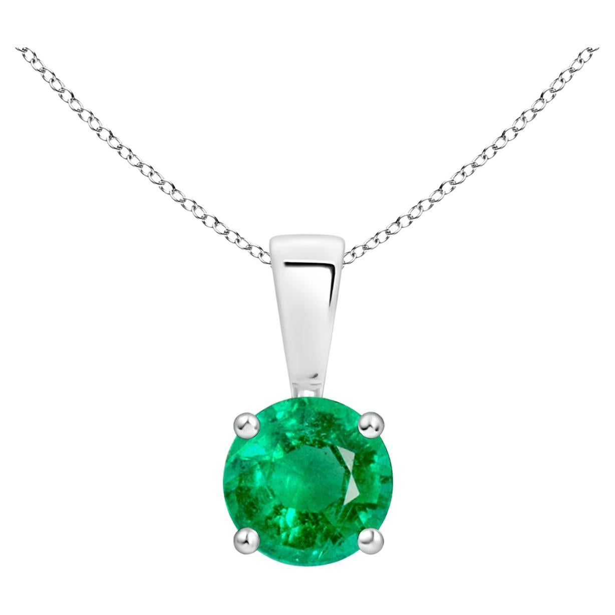 Natural Classic Round Emerald Solitaire Pendant in White Gold (Size-5mm) For Sale