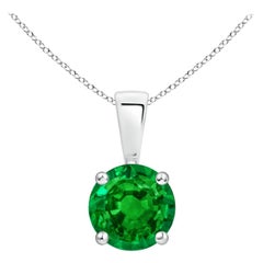 Natural Classic Round Emerald Solitaire Pendant in White Gold (Size-6mm)
