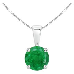 Natural Classic Round Emerald Solitaire Pendant in White Gold (Size-6mm)