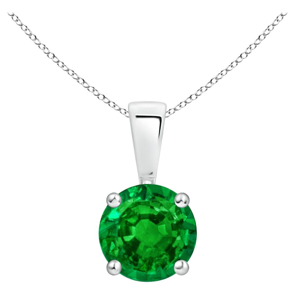 Natural Classic Round Emerald Solitaire Pendant in White Gold (Size-6mm) For Sale