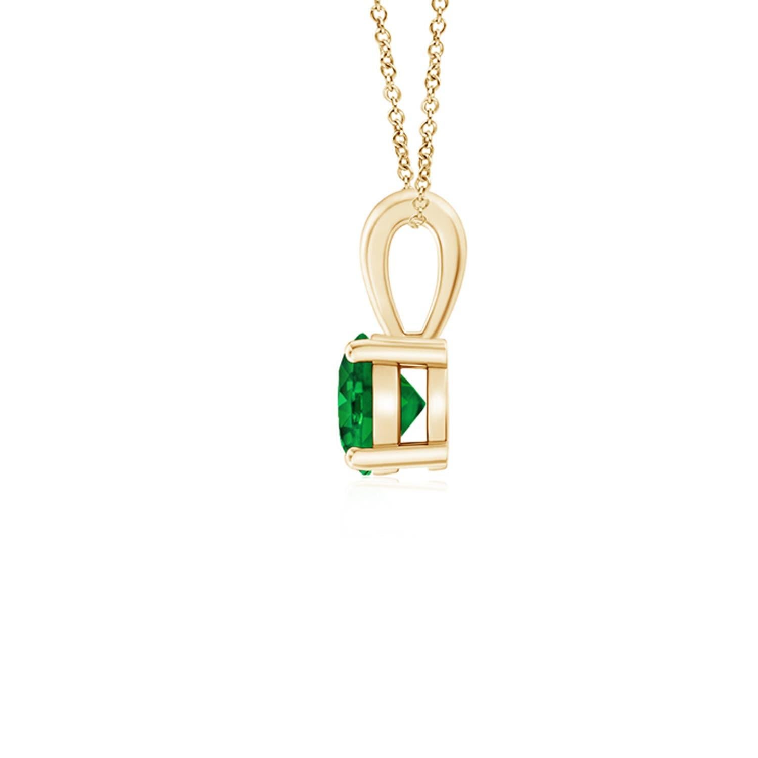 Linked to a lustrous bale is a lush green emerald solitaire secured in a four prong setting. Crafted in 14k yellow gold, the elegant design of this classic emerald pendant draws all attention towards the magnificence of the center stone.
Emerald is