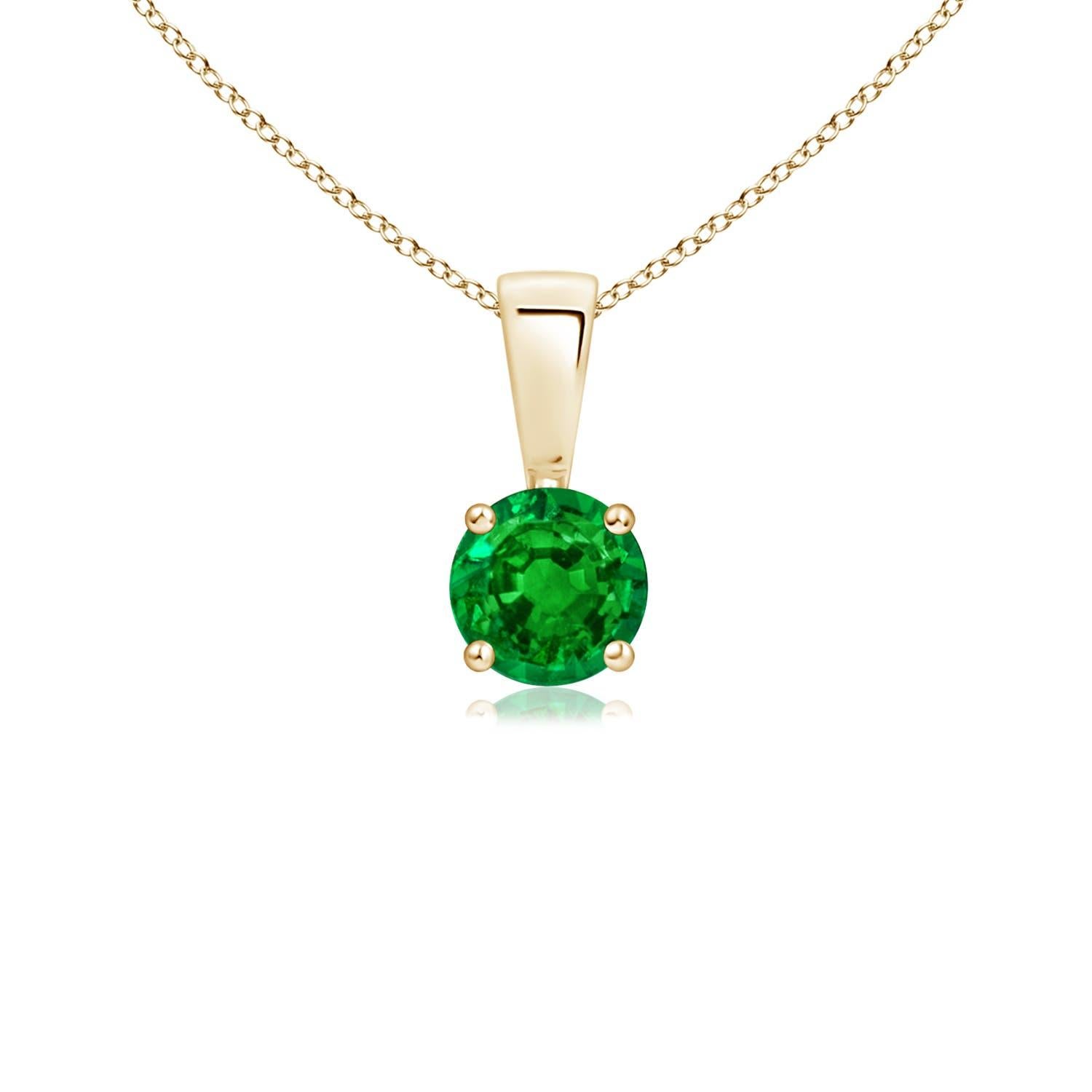 Natural Classic Round Emerald Solitaire Pendant in Yellow Gold (Size-4mm) For Sale