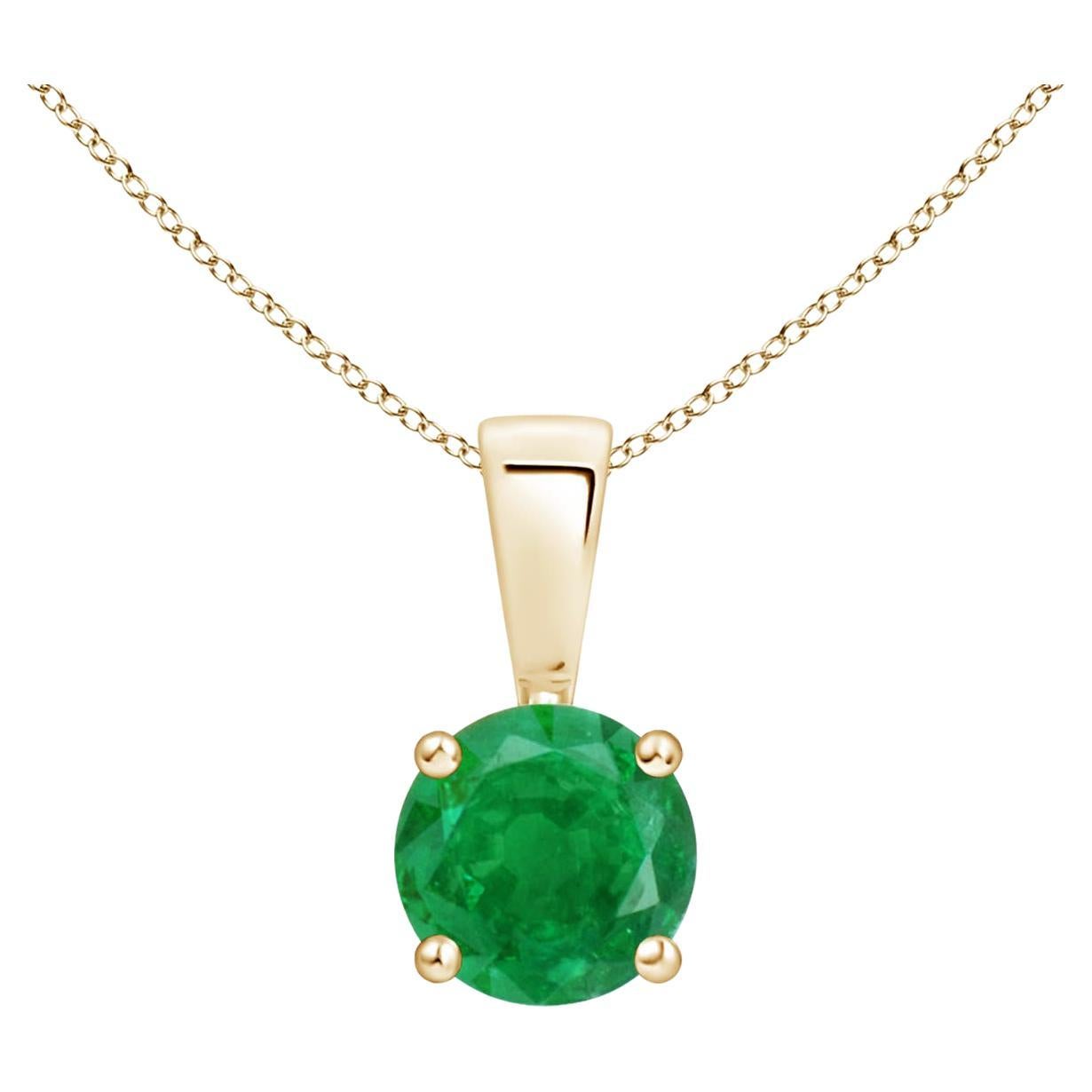 Natural Classic Round Emerald Solitaire Pendant in Yellow Gold (Size-5mm) For Sale