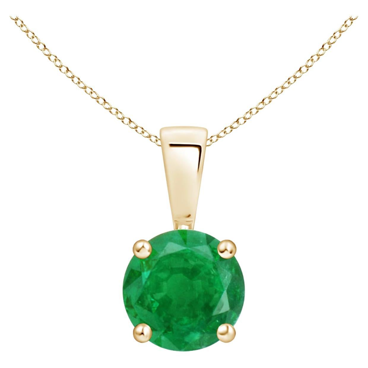 Natural Classic Round Emerald Solitaire Pendant in Yellow Gold (Size-6mm) For Sale