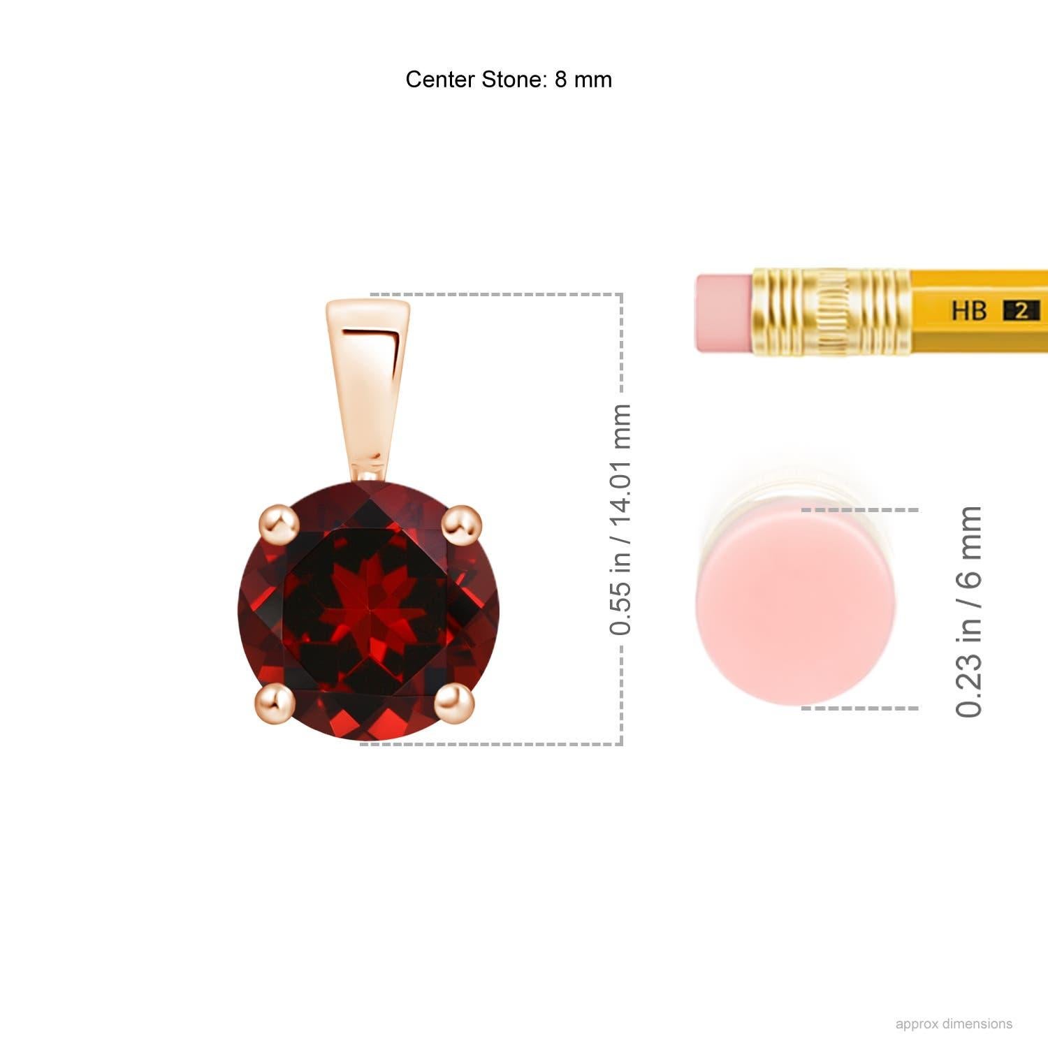 Linked to a single bale is a sparkling garnet secured in a four prong setting. This solitaire garnet pendant has a simple design and draws all the attention towards its deep red hue. It is crafted in 14k rose gold.
Garnet is the Birthstone for