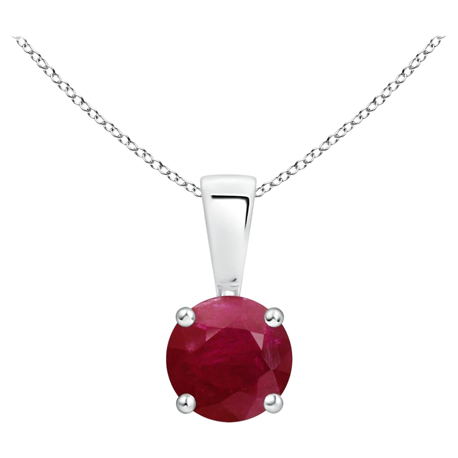 Natural Classic Round Ruby Solitaire Pendant in 18K White Gold
