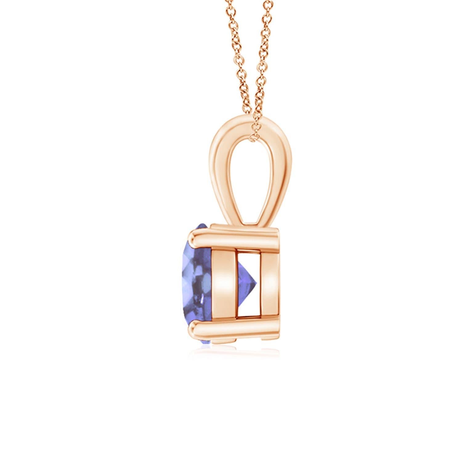 Linked to a lustrous bale is a violet-blue tanzanite solitaire secured in a four prong setting. Crafted in 14k rose gold, the elegant design of this classic tanzanite pendant draws all attention towards the magnificence of the center stone.
