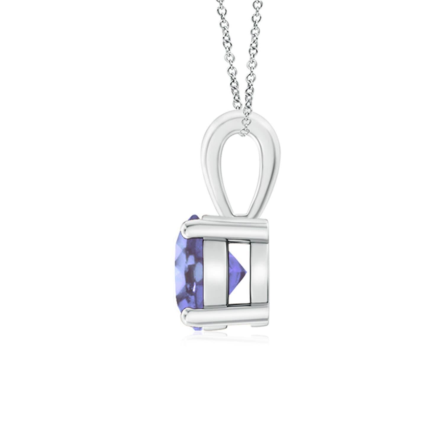 Linked to a lustrous bale is a violet-blue tanzanite solitaire secured in a four prong setting. Crafted in 14k white gold, the elegant design of this classic tanzanite pendant draws all attention towards the magnificence of the center stone.