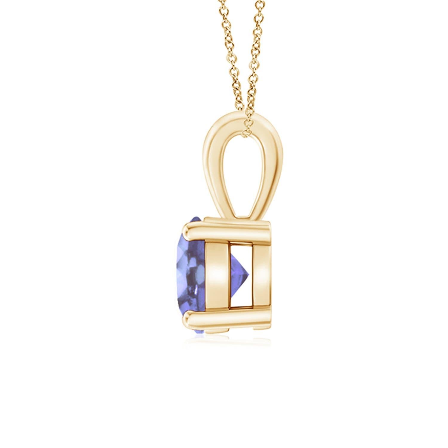 Linked to a lustrous bale is a violet-blue tanzanite solitaire secured in a four prong setting. Crafted in 14k yellow gold, the elegant design of this classic tanzanite pendant draws all attention towards the magnificence of the center stone.