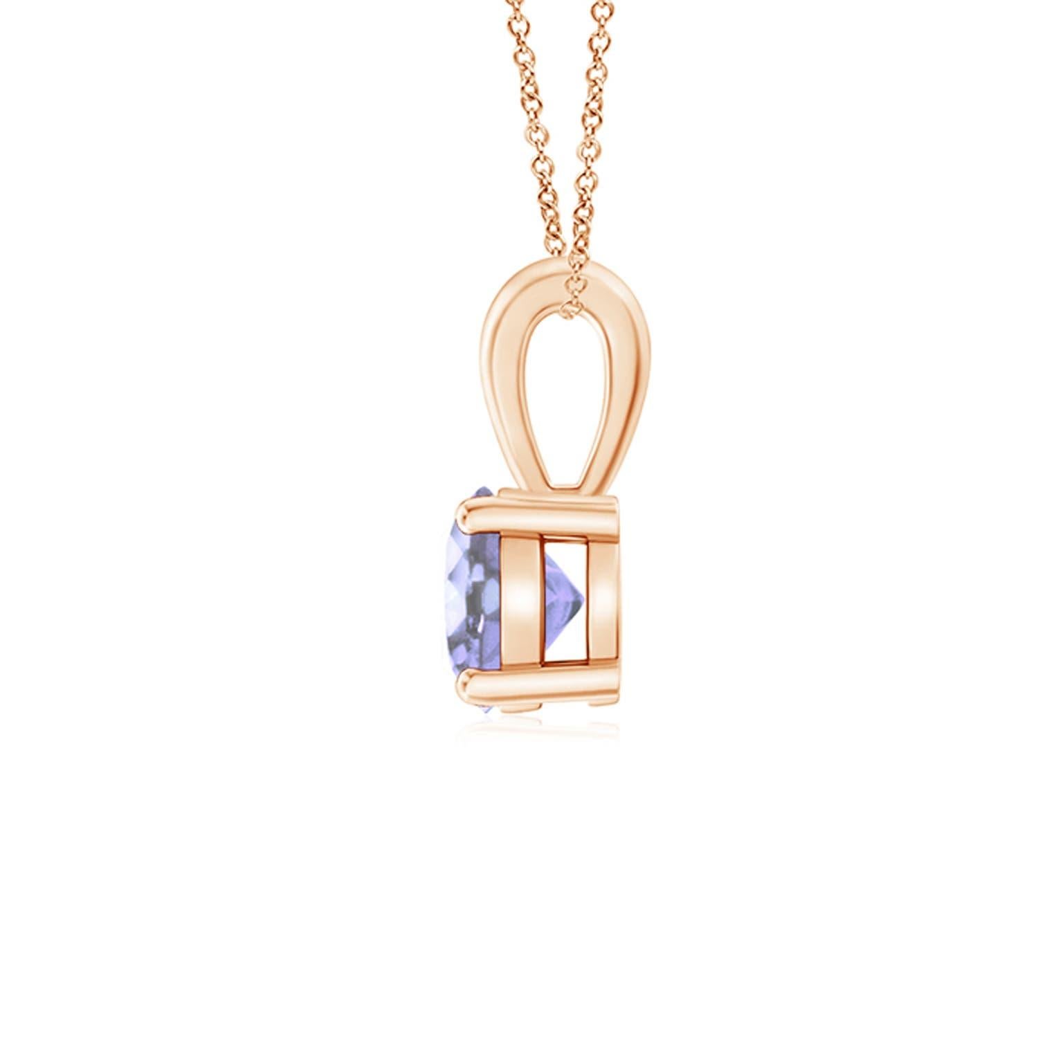Linked to a lustrous bale is a violet-blue tanzanite solitaire secured in a four prong setting. Crafted in 18k rose gold, the elegant design of this classic tanzanite pendant draws all attention towards the magnificence of the center stone.