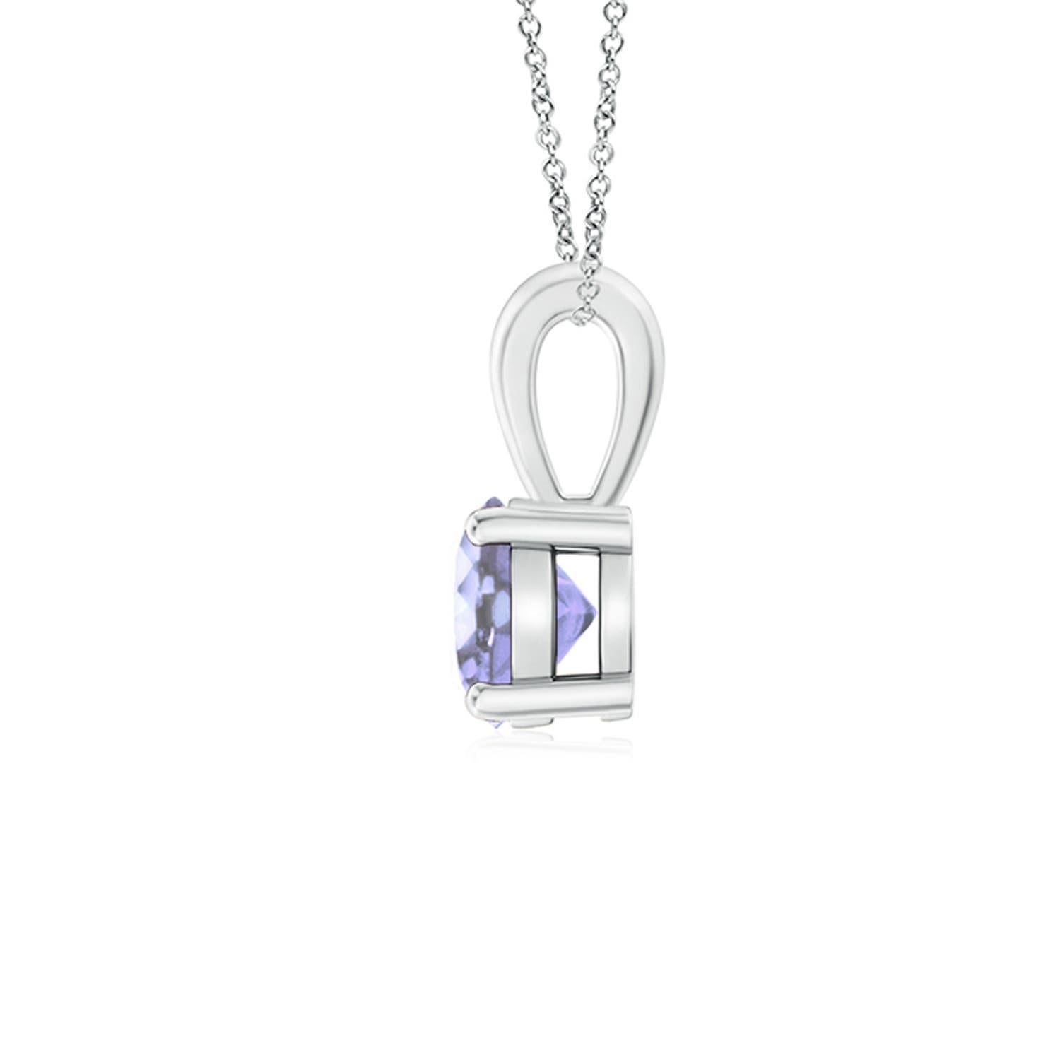 Linked to a lustrous bale is a violet-blue tanzanite solitaire secured in a four prong setting. Crafted in 18k white gold, the elegant design of this classic tanzanite pendant draws all attention towards the magnificence of the center stone.